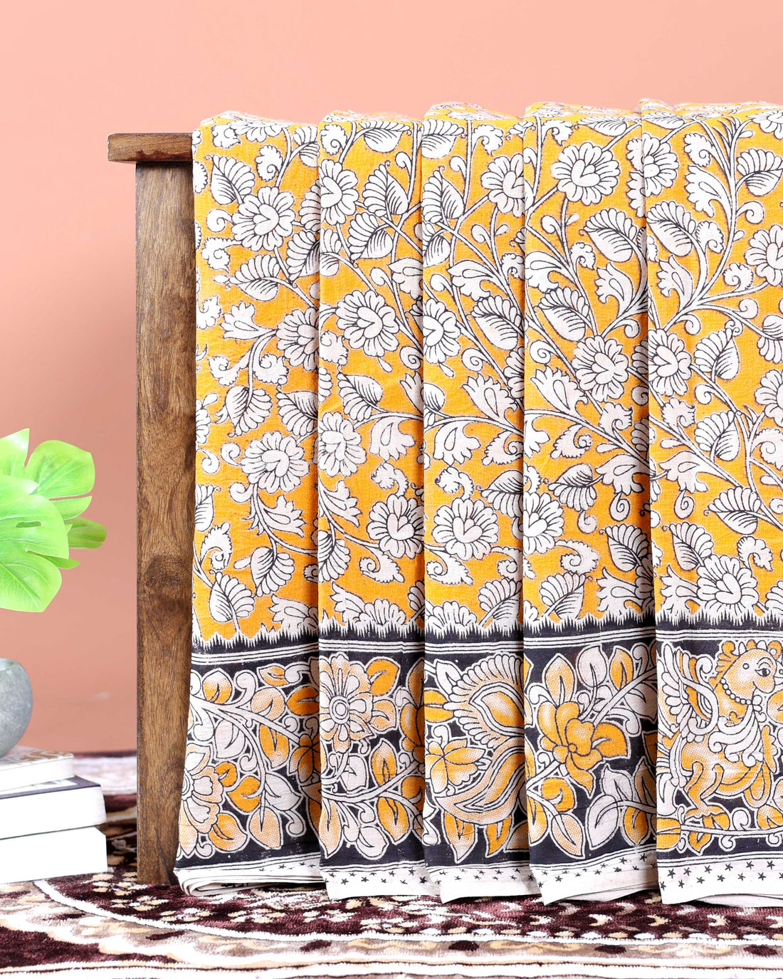 Traditional Hand-Painted Kalamkari Cotton Saree with Traditional Motifs and Floral Border - Orange
