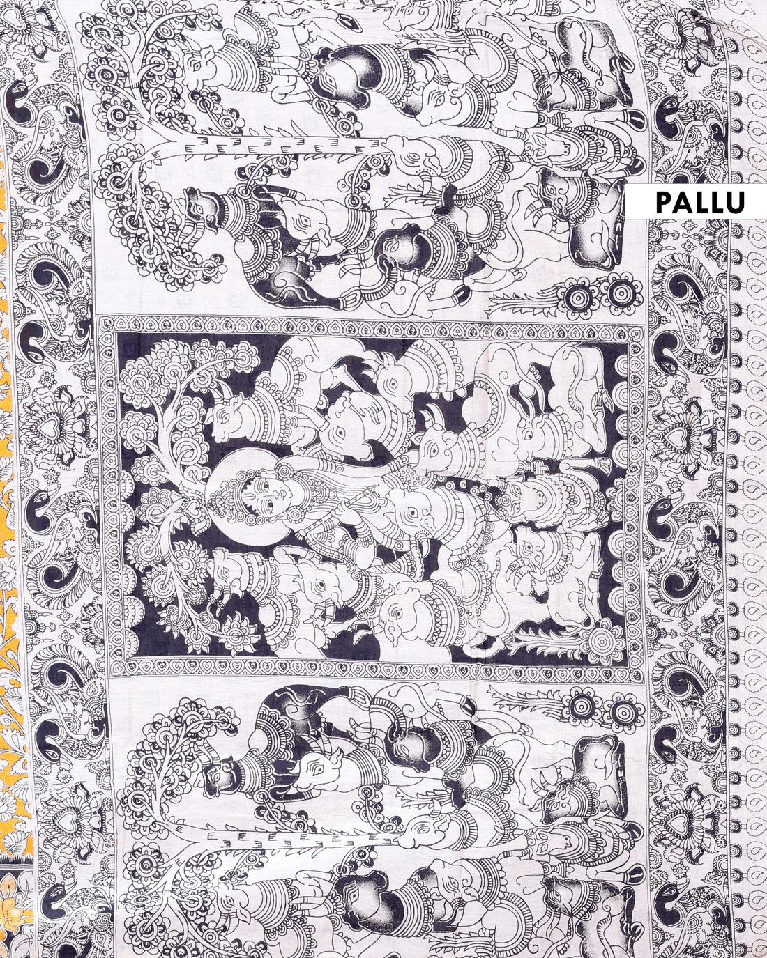 Traditional Hand-Painted Kalamkari Cotton Saree with Traditional Motifs and Floral Border - Orange