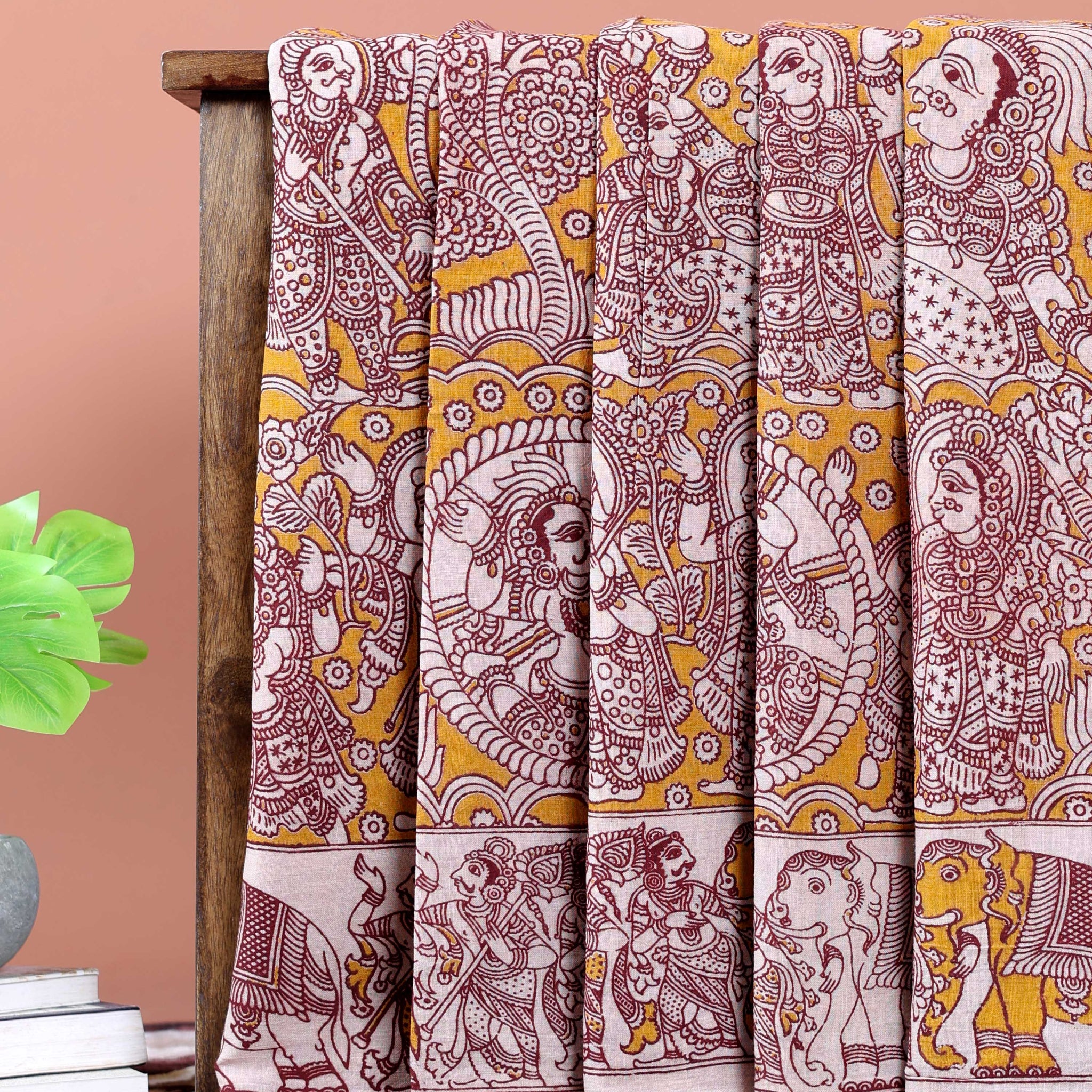 Traditional Hand-Painted Kalamkari Cotton Saree with Traditional Mythological Motifs - Orange