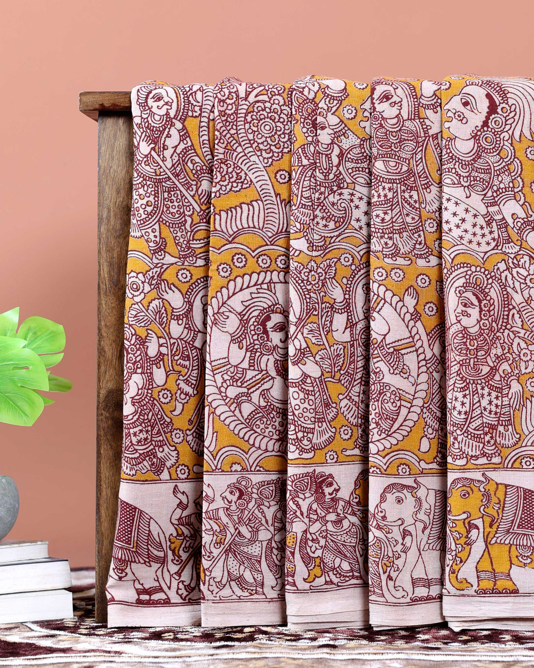 Traditional Hand-Painted Kalamkari Cotton Saree with Traditional Mythological Motifs - Orange