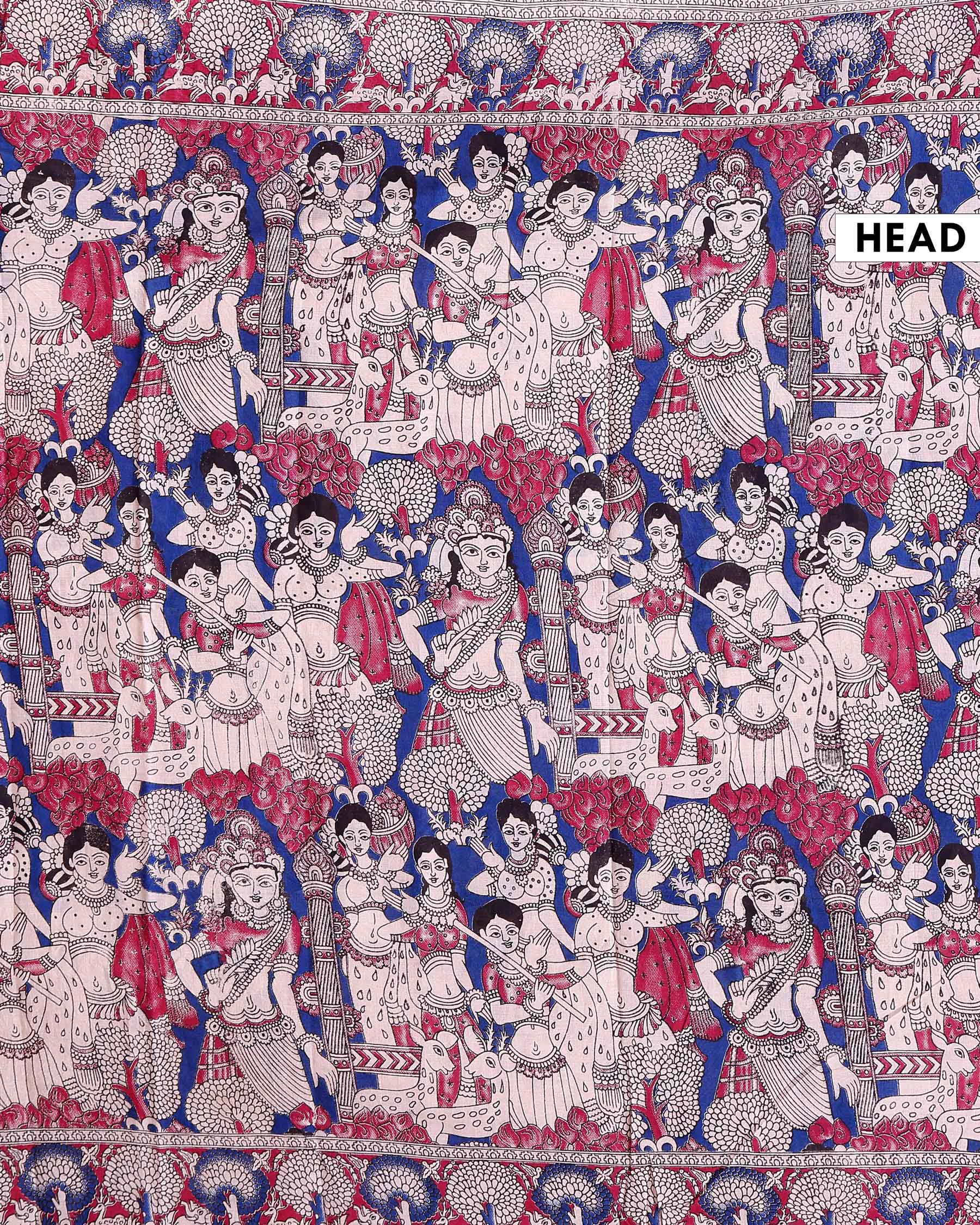 Traditional Hand-Painted Kalamkari Cotton Saree with Traditional Narrative Motifs - Blue