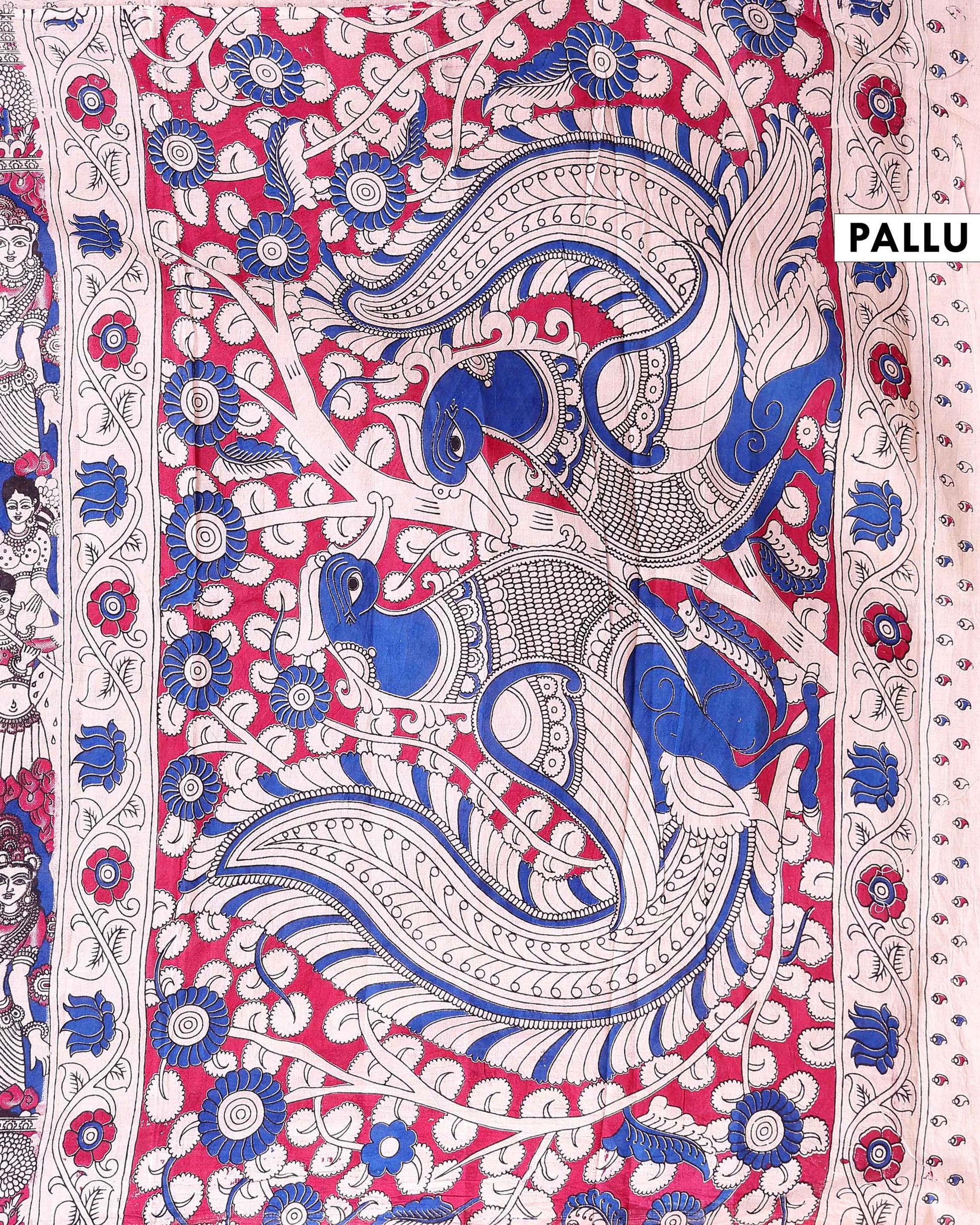 Traditional Hand-Painted Kalamkari Cotton Saree with Traditional Narrative Motifs - Blue