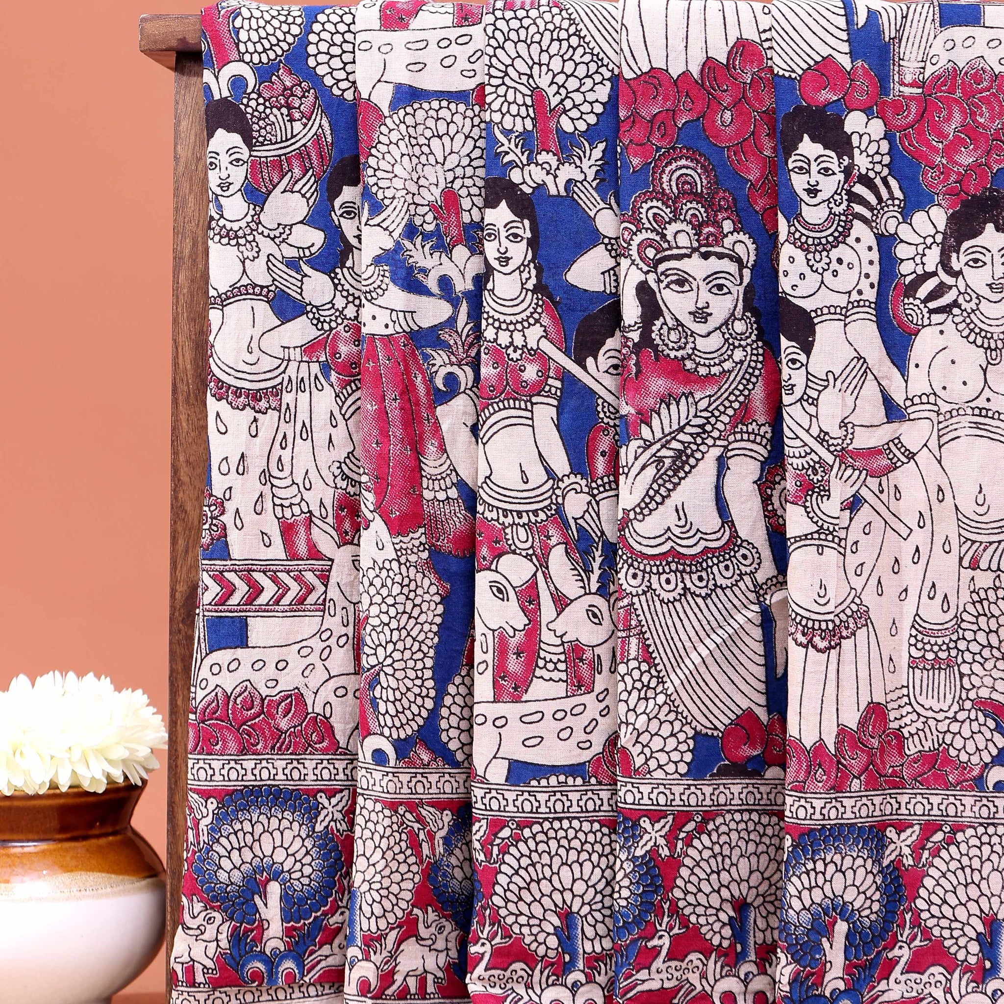 Traditional Hand-Painted Kalamkari Cotton Saree with Traditional Narrative Motifs - Blue