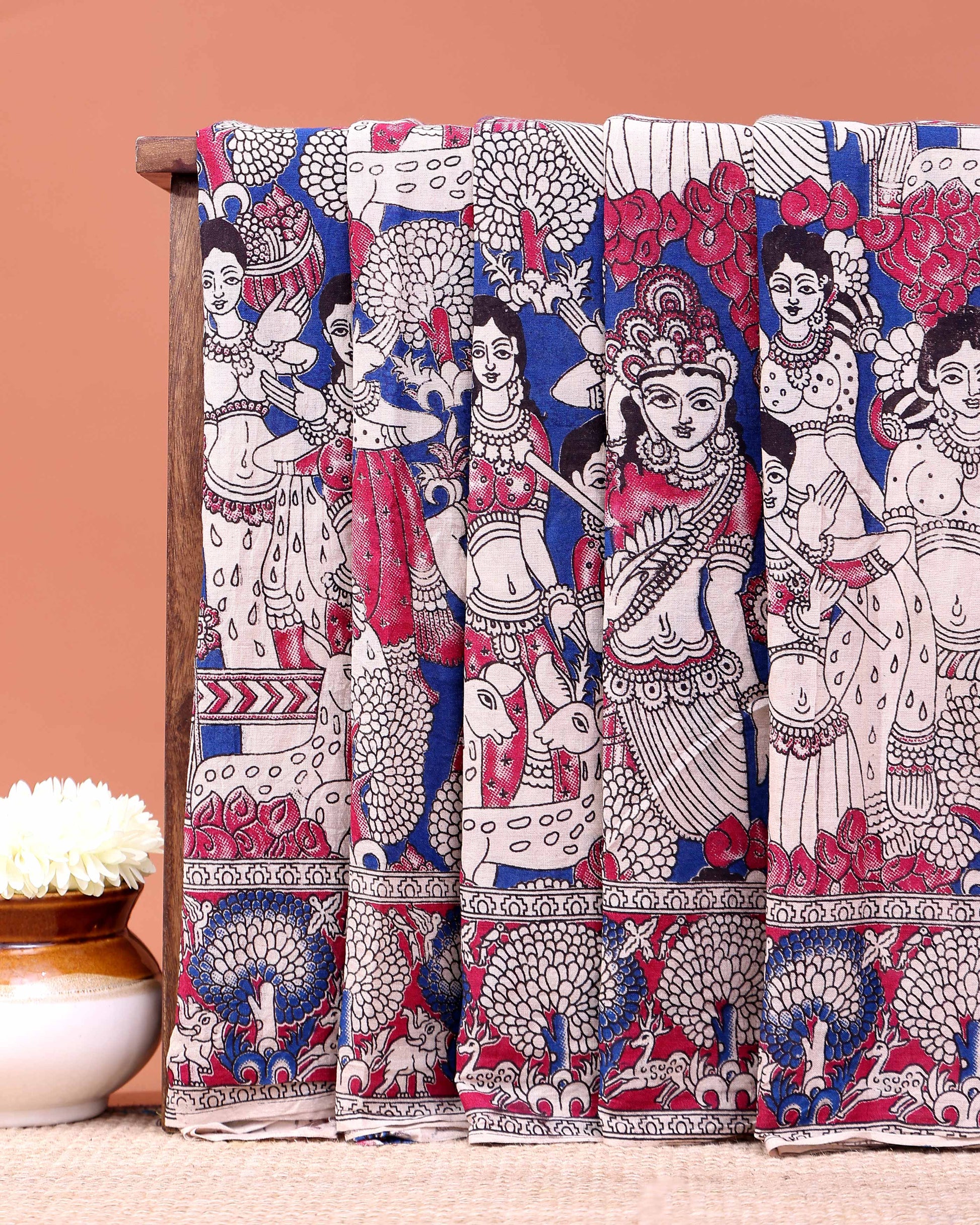 Traditional Hand-Painted Kalamkari Cotton Saree with Traditional Narrative Motifs - Blue