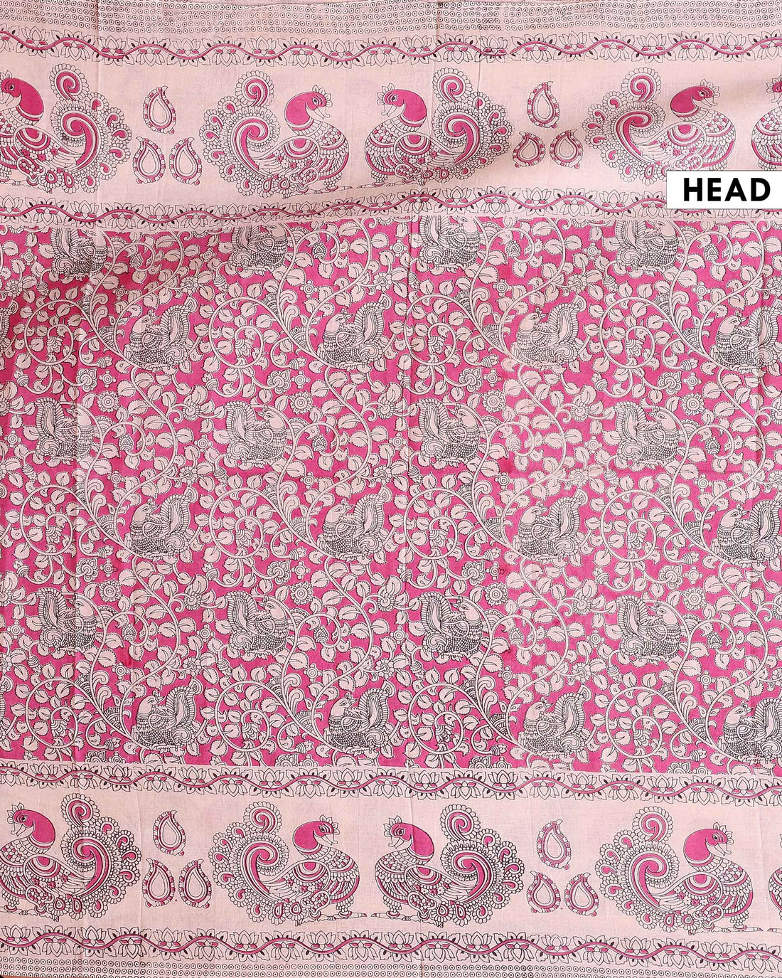 Traditional Hand-Painted Kalamkari Cotton Saree with Traditional Peacock and Floral Motifs - Pink