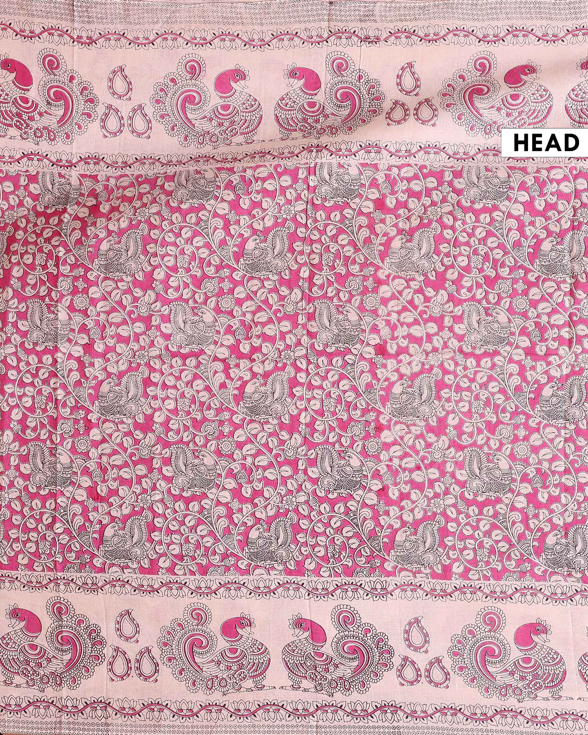 Traditional Hand-Painted Kalamkari Cotton Saree with Traditional Peacock and Floral Motifs - Pink