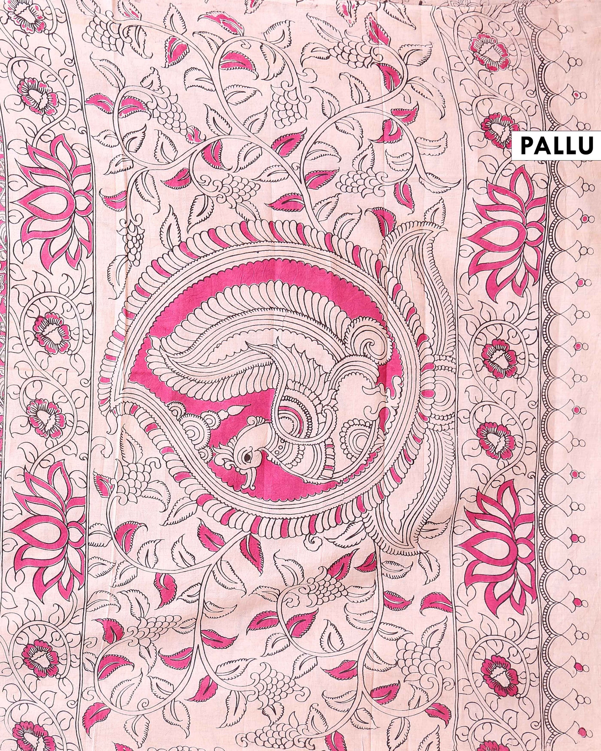 Traditional Hand-Painted Kalamkari Cotton Saree with Traditional Peacock and Floral Motifs - Pink