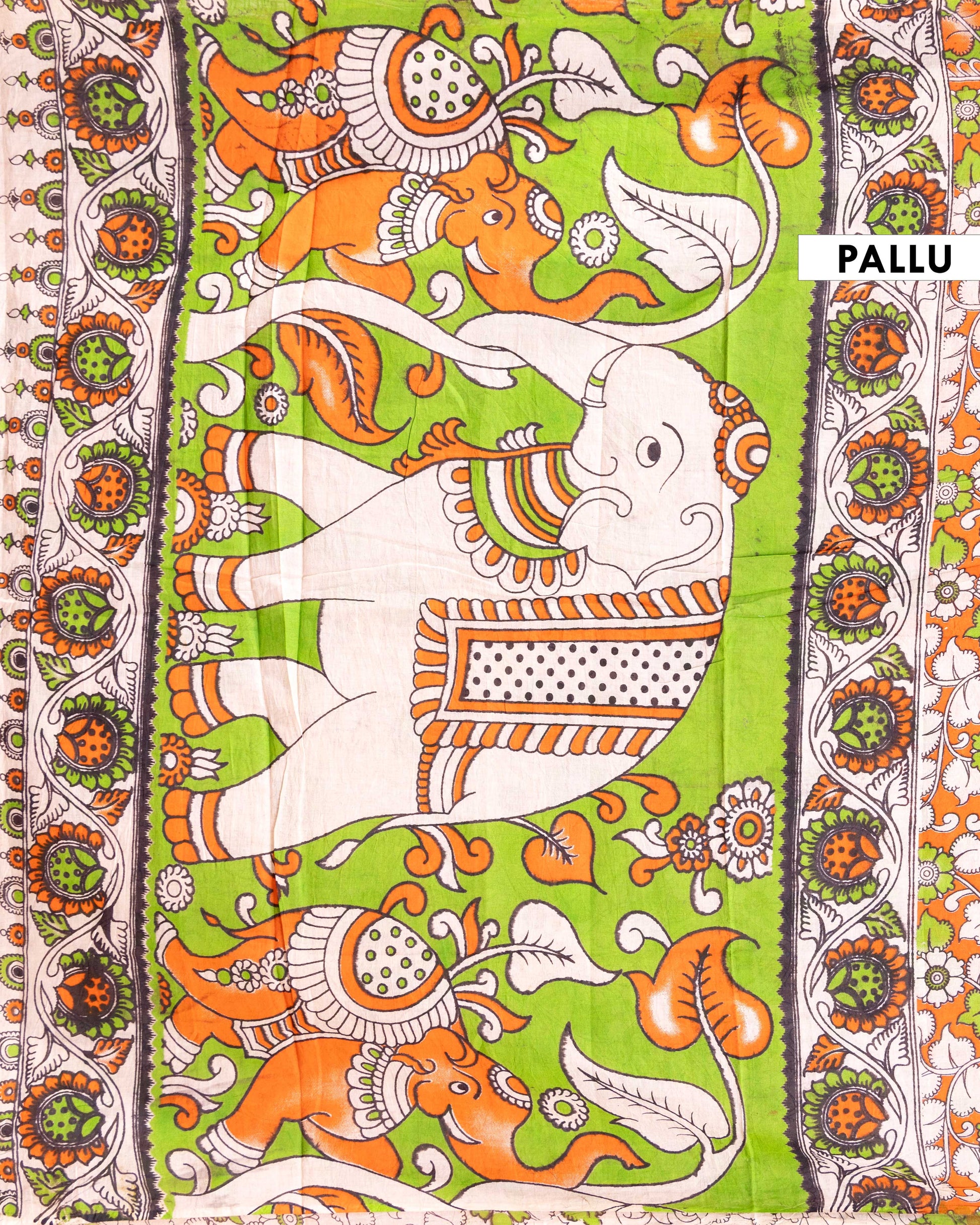 Traditional Hand-Printed Kalamkari Cotton Saree with Intricate Floral Design - Orange