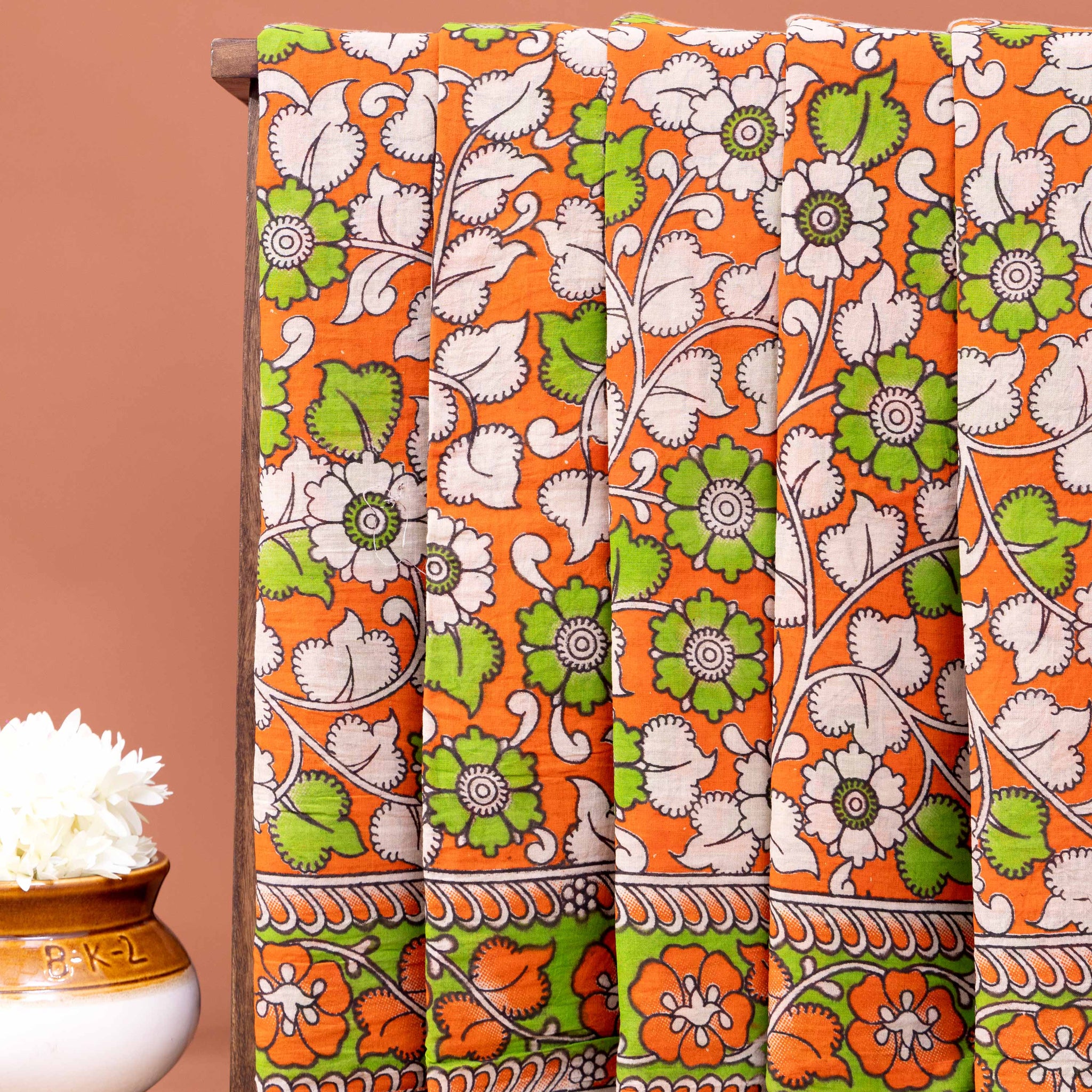 Traditional Hand-Printed Kalamkari Cotton Saree with Intricate Floral Design - Orange
