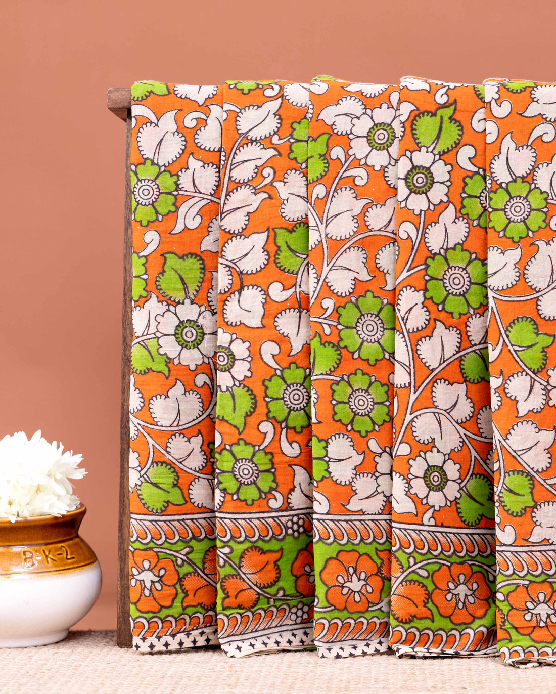 Traditional Hand-Printed Kalamkari Cotton Saree with Intricate Floral Design - Orange