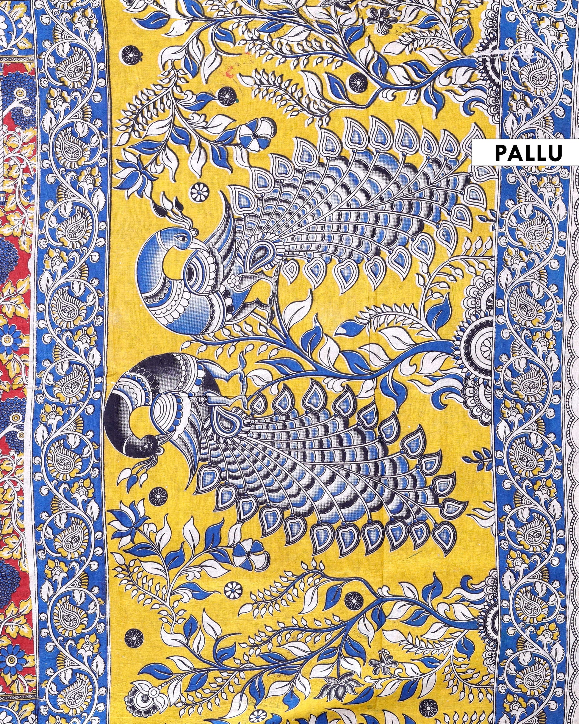 Traditional Hand-Printed Kalamkari Cotton Saree with Intricate Motifs - Pallu