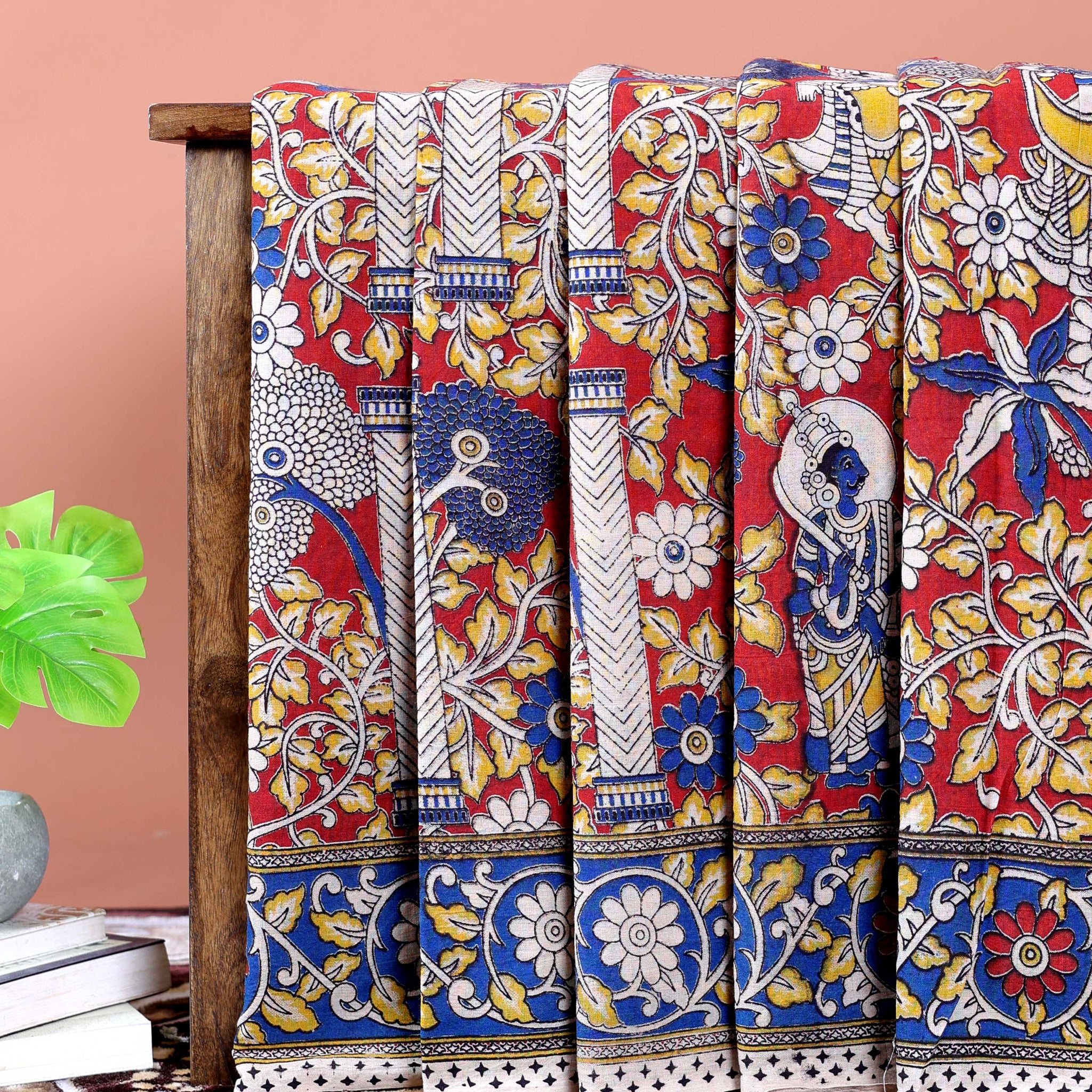 Traditional Hand-Printed Kalamkari Cotton Saree with Intricate Motifs - Red