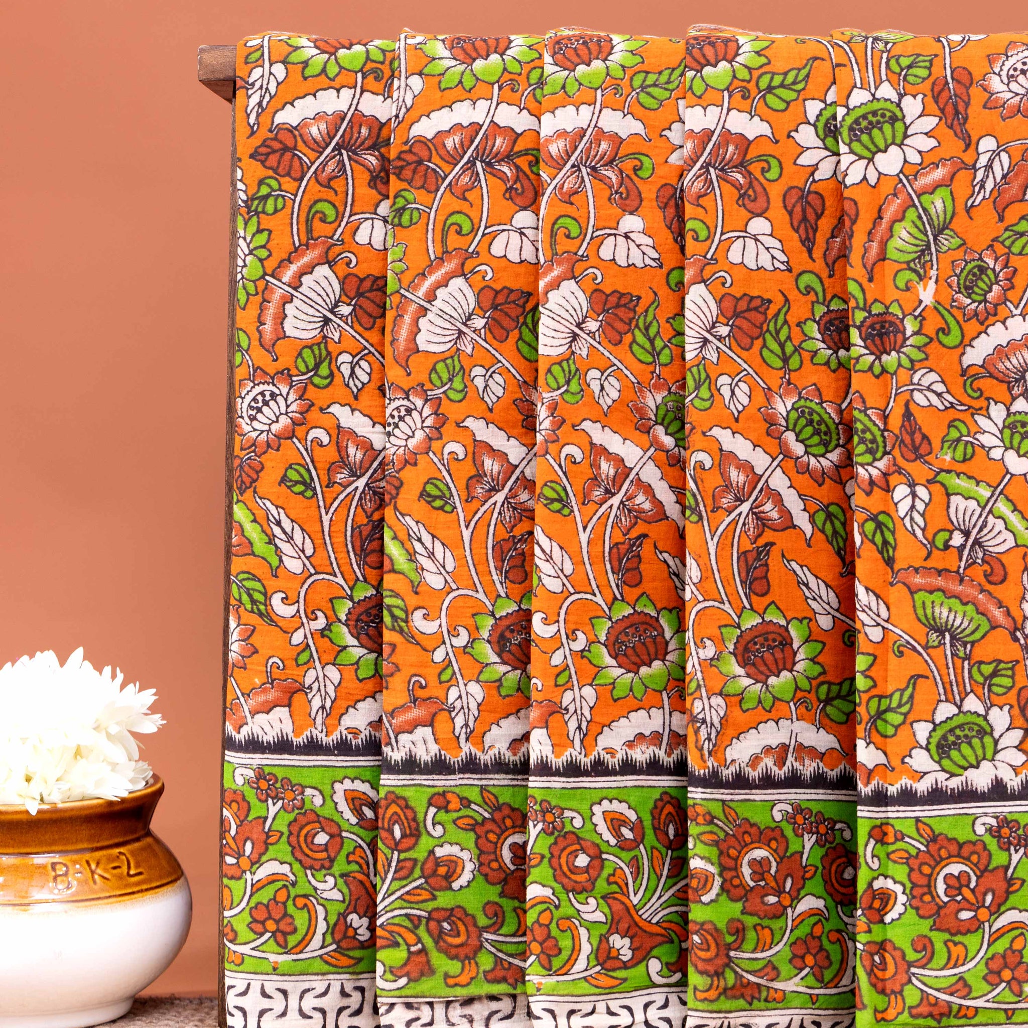 Traditional Hand-Printed Kalamkari Cotton Saree with Traditional Floral Motifs and Intricate Border - Orange