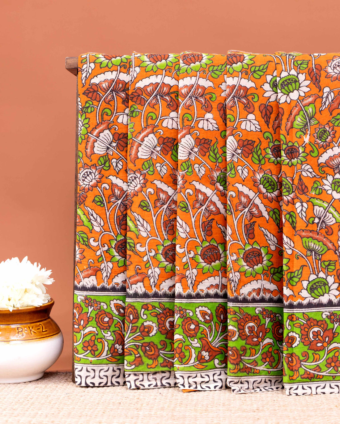 Traditional Hand-Printed Kalamkari Cotton Saree with Traditional Floral Motifs and Intricate Border - Orange