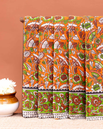 Traditional Hand-Printed Kalamkari Cotton Saree with Traditional Floral Motifs and Intricate Border - Orange