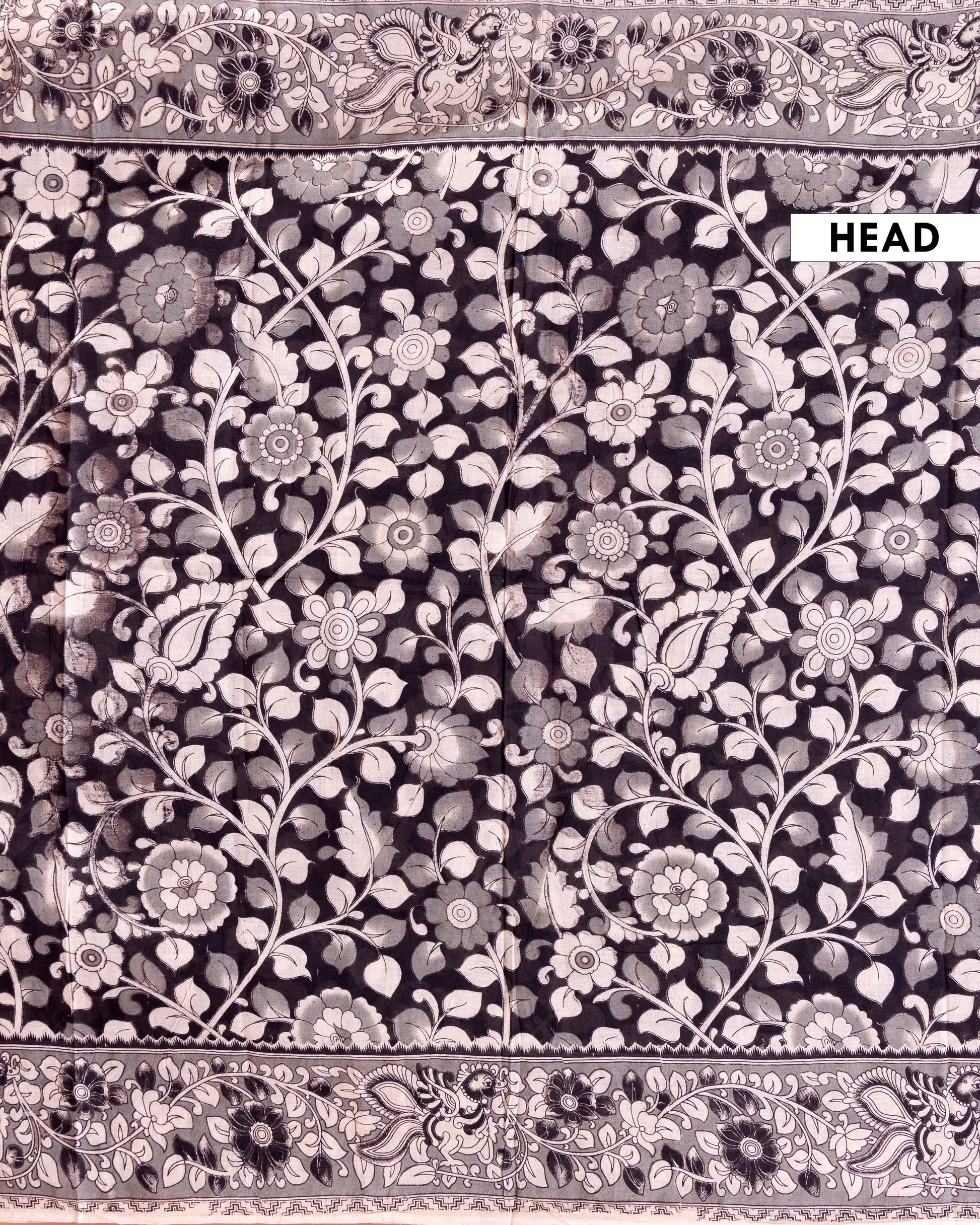 Traditional Hand-block Printed Kalamkari Cotton Saree with Floral Motifs - Black