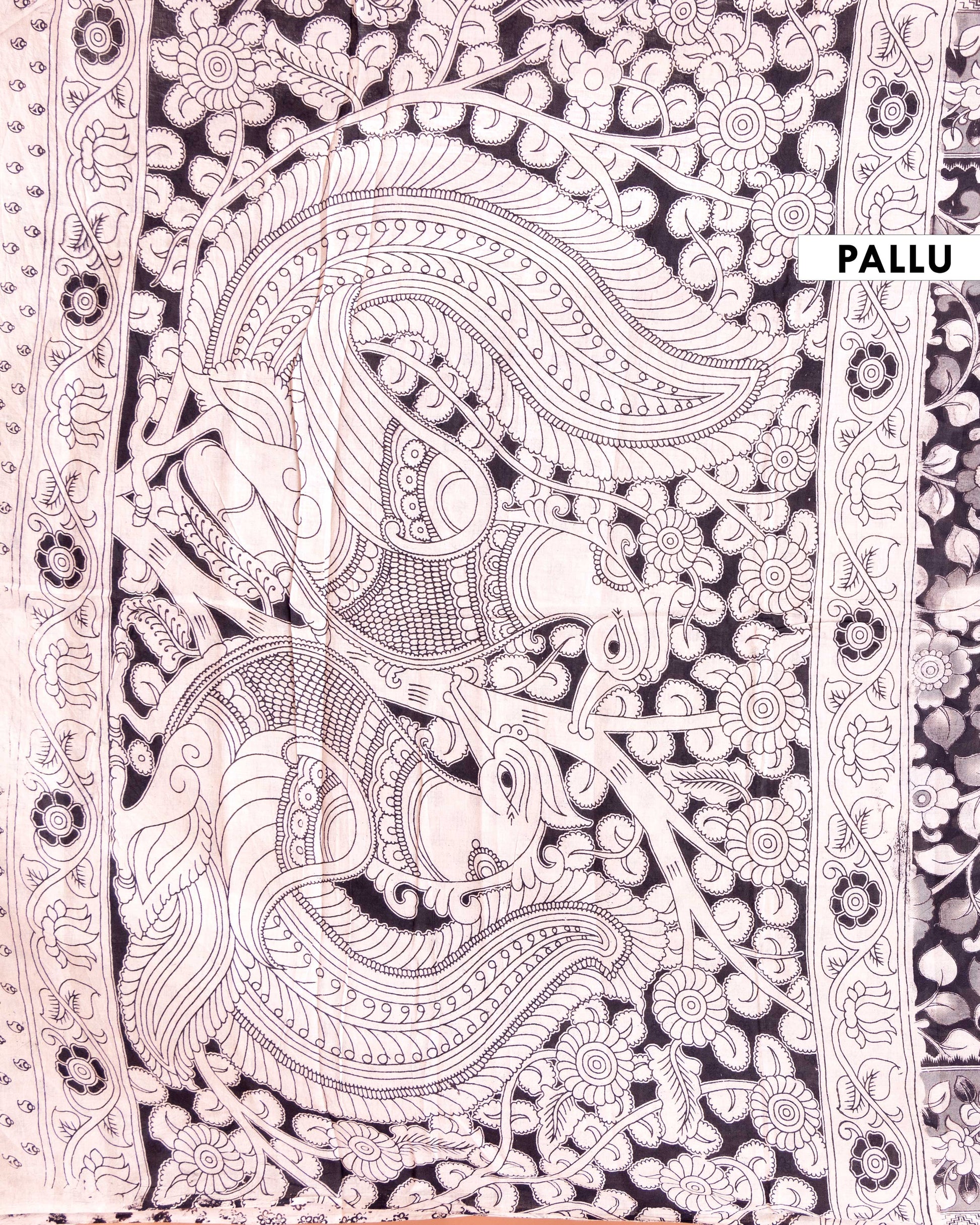 Traditional Hand-block Printed Kalamkari Cotton Saree with Floral Motifs - Black