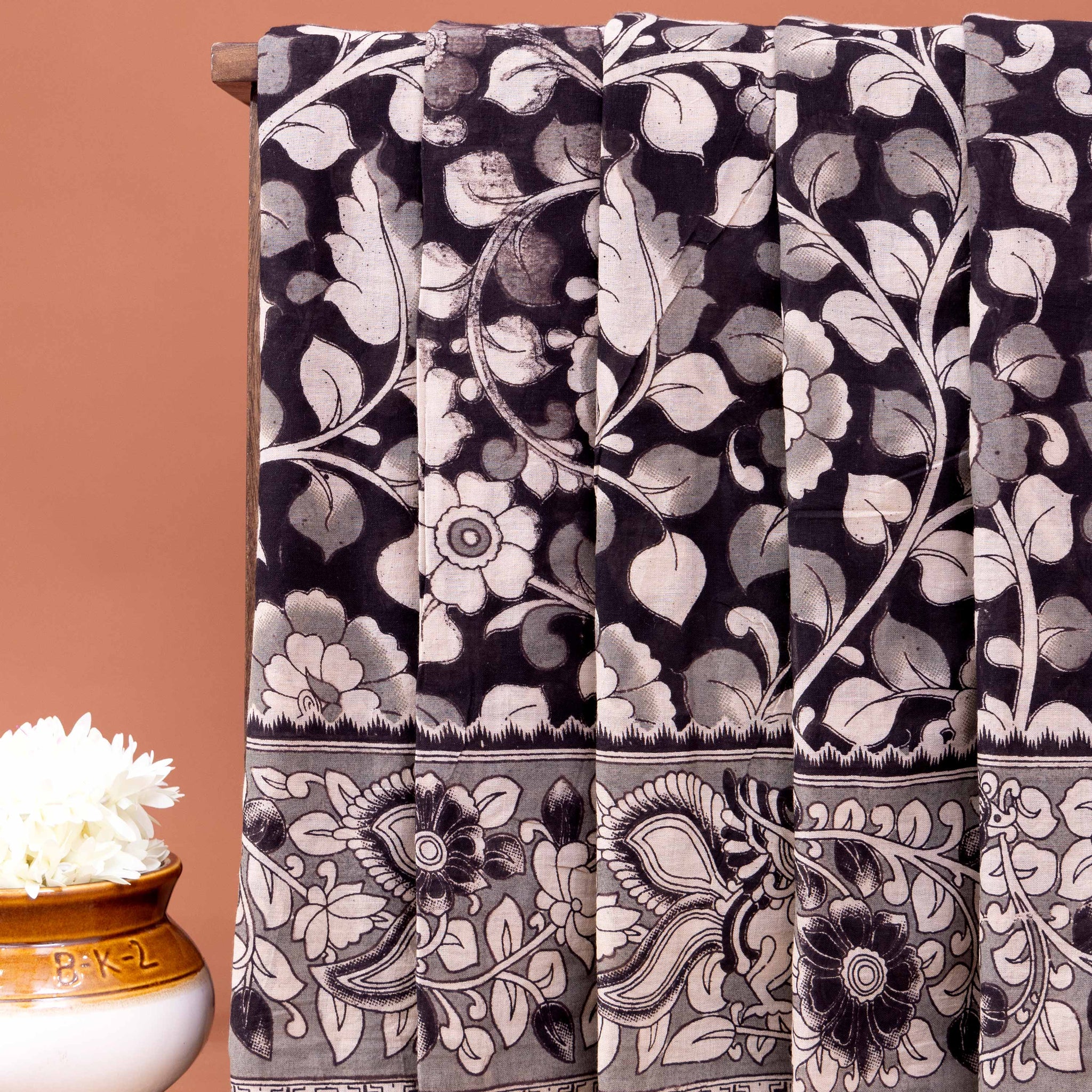 Traditional Hand-block Printed Kalamkari Cotton Saree with Floral Motifs - Black