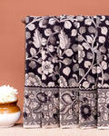 Traditional Hand-block Printed Kalamkari Cotton Saree with Floral Motifs - Black