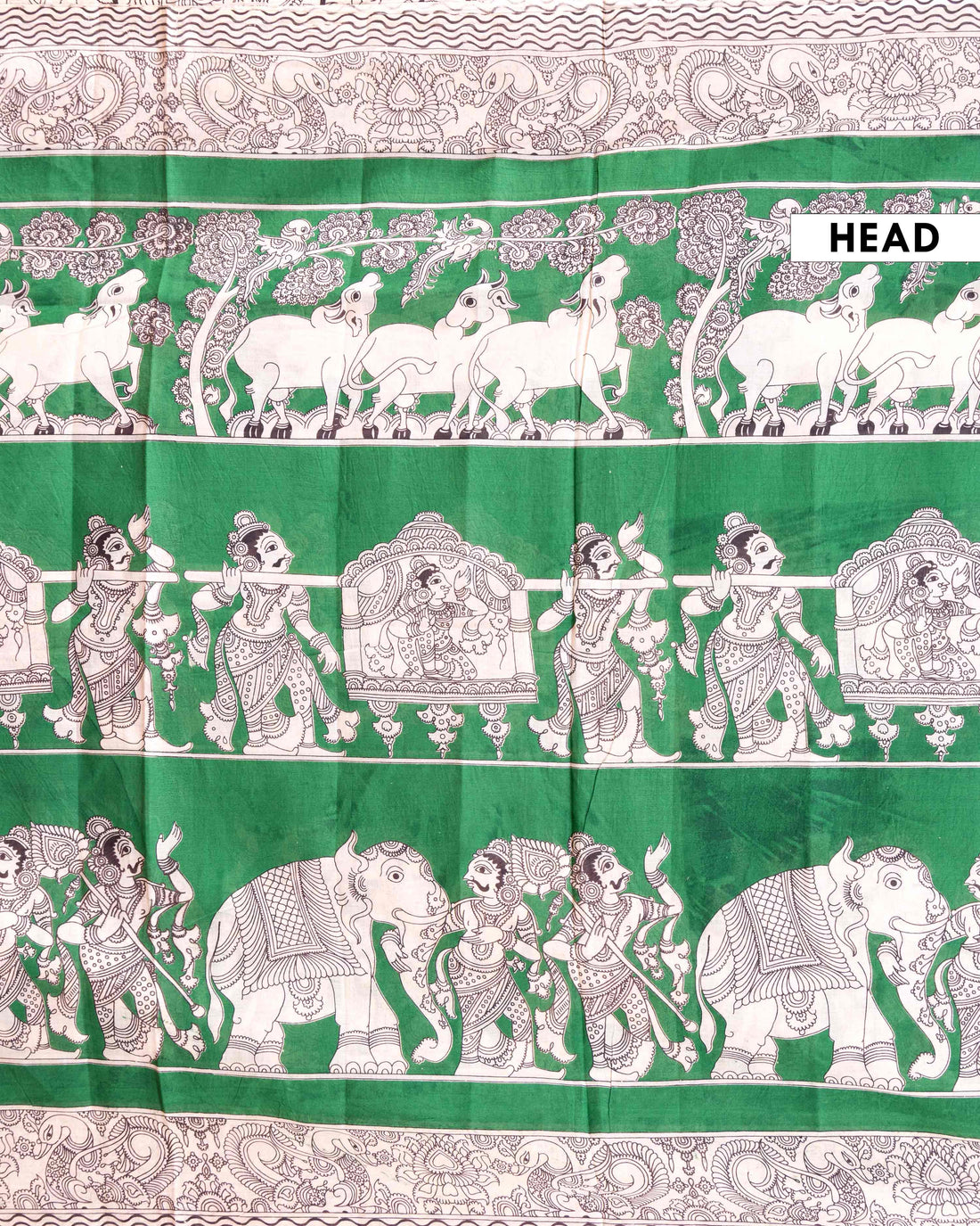 Traditional Hand-painted Kalamkari Cotton Saree with Mythological Dancers and Peacock Motifs - Green