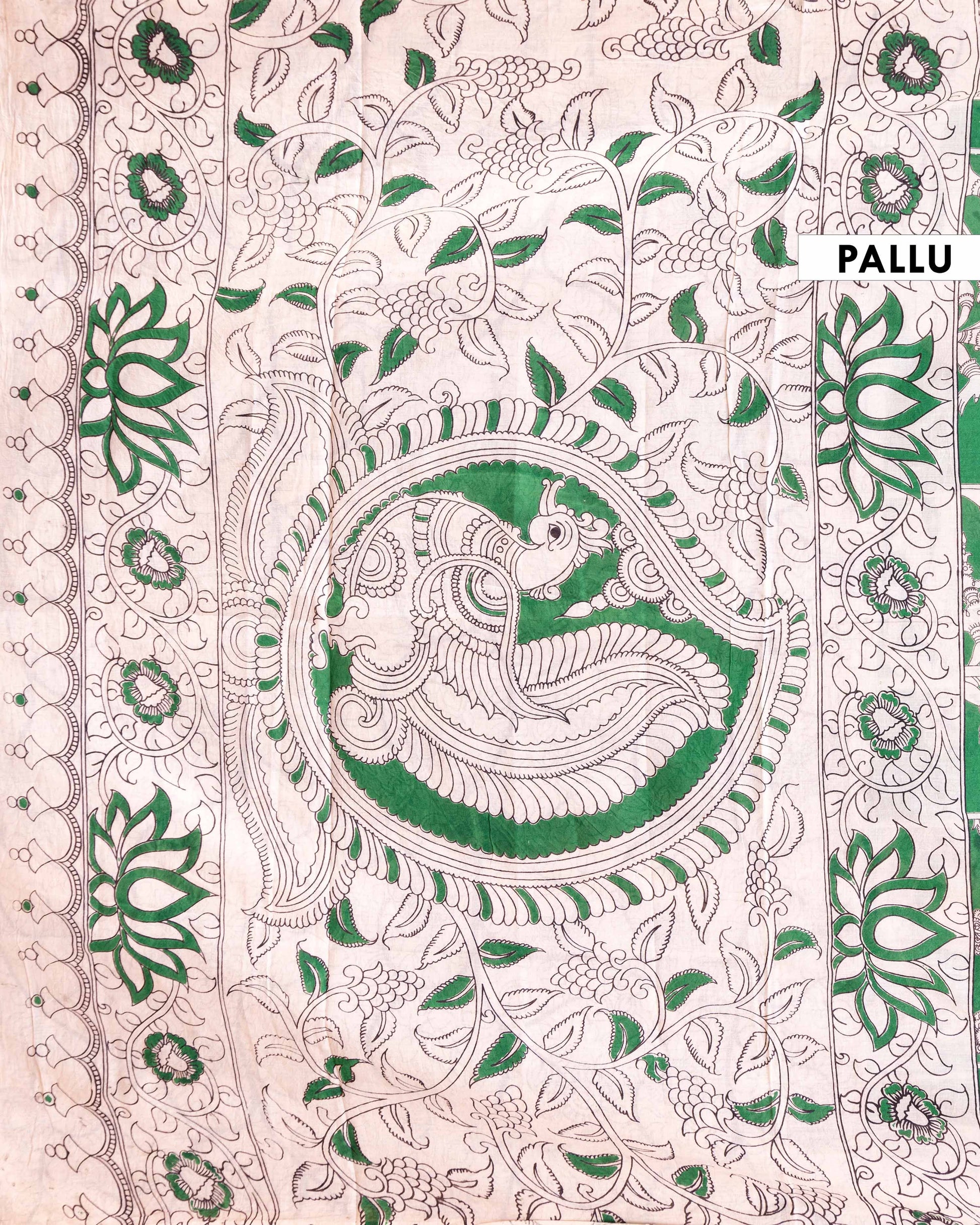 Traditional Hand-painted Kalamkari Cotton Saree with Mythological Dancers and Peacock Motifs - Green