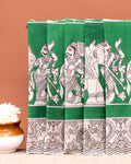 Traditional Hand-painted Kalamkari Cotton Saree with Mythological Dancers and Peacock Motifs - Green
