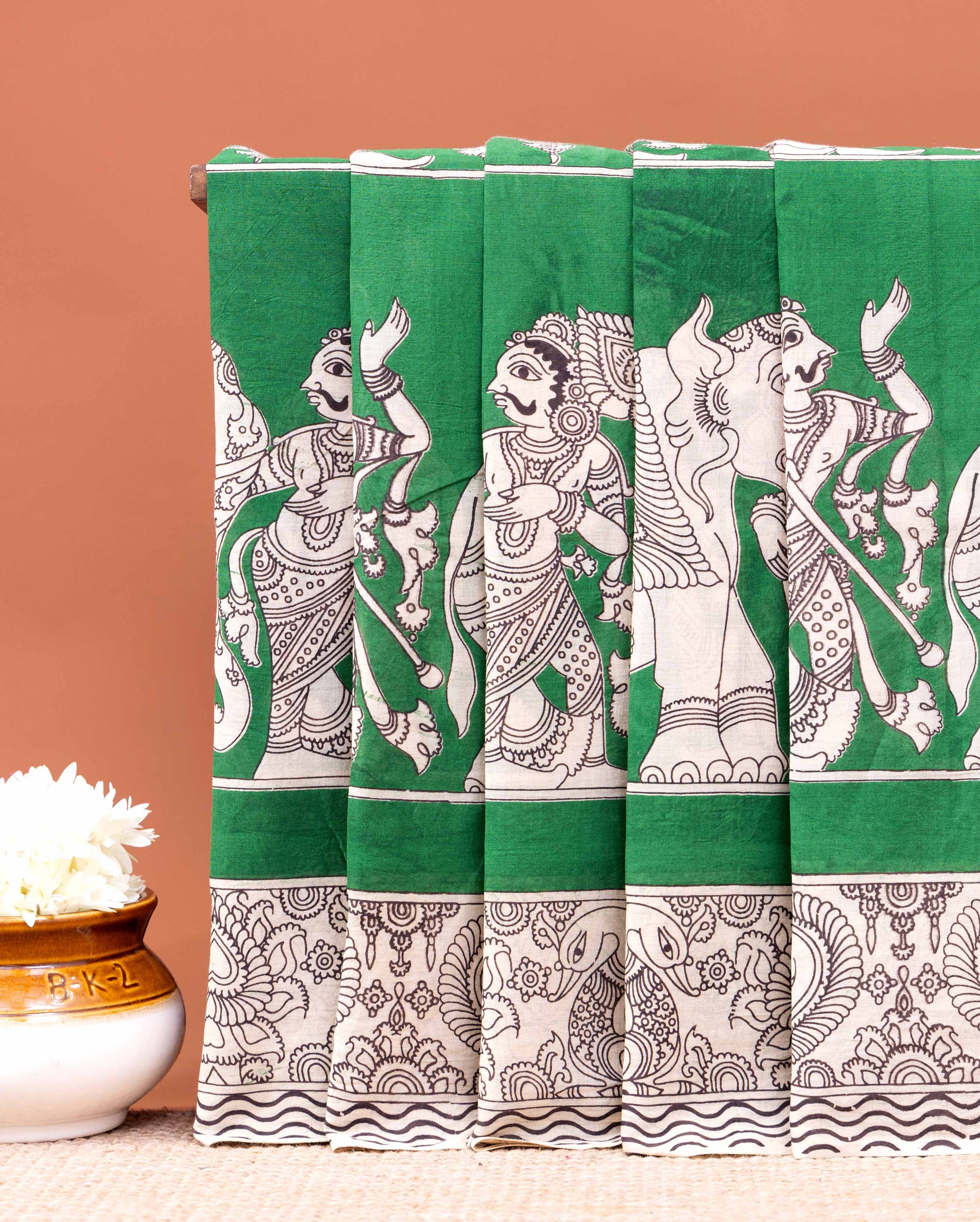 Traditional Hand-painted Kalamkari Cotton Saree with Mythological Dancers and Peacock Motifs - Green