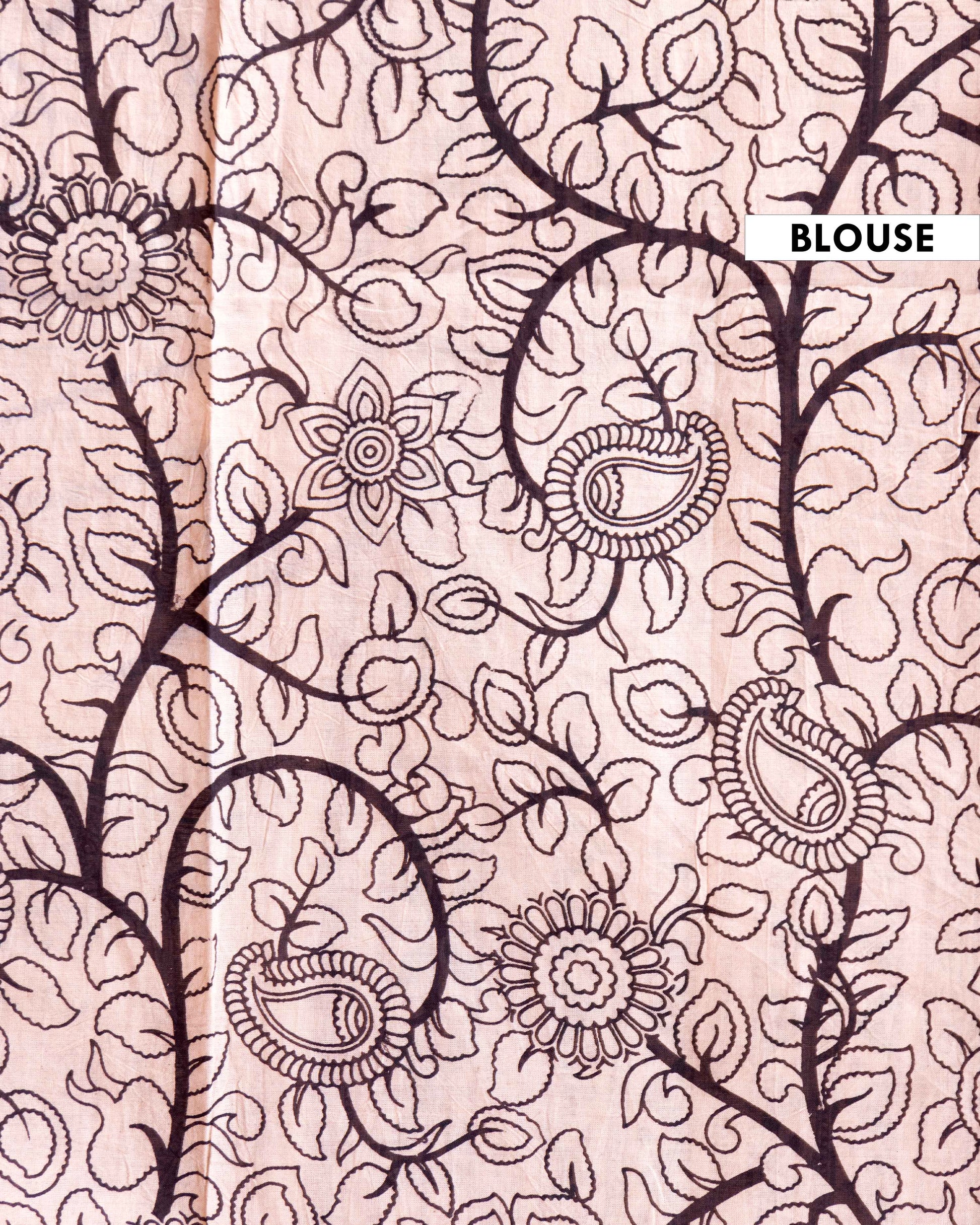 Traditional Hand-painted Kalamkari Cotton Saree with Traditional Elephant and Folk Art Motifs - Cream