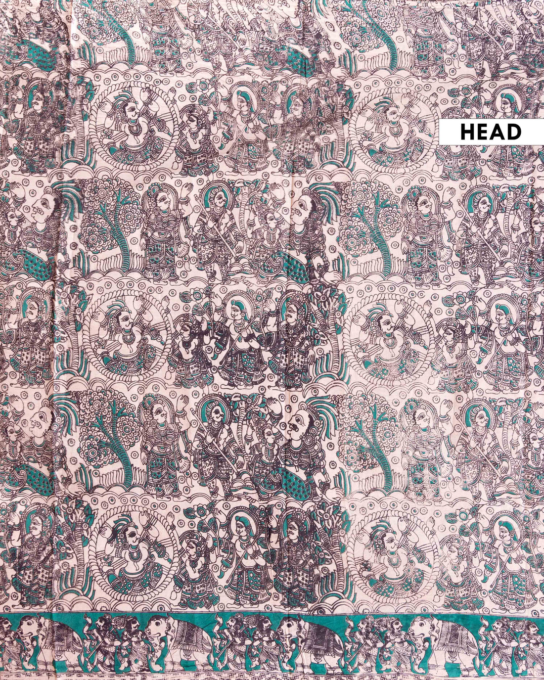 Traditional Hand-painted Kalamkari Cotton Saree with Traditional Elephant and Folk Art Motifs - Cream