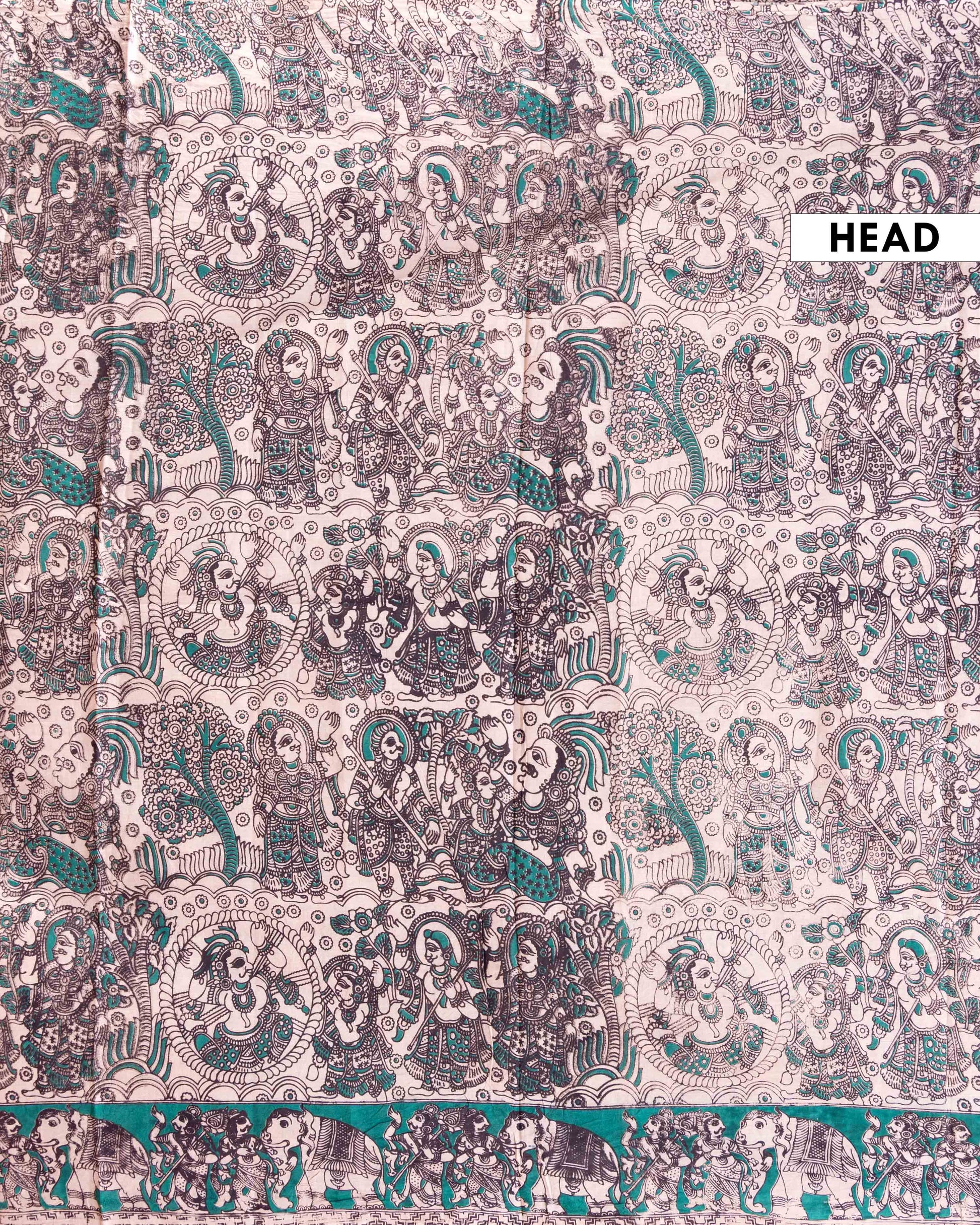 Traditional Hand-painted Kalamkari Cotton Saree with Traditional Elephant and Folk Art Motifs - Cream