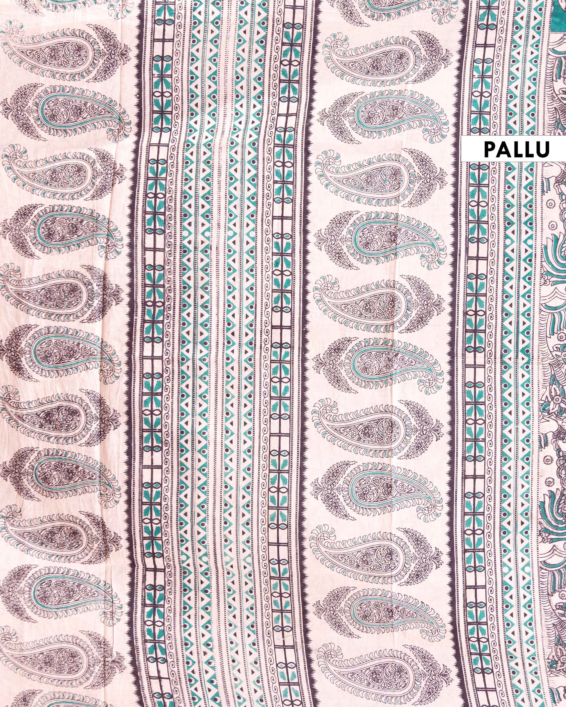 Traditional Hand-painted Kalamkari Cotton Saree with Traditional Elephant and Folk Art Motifs - Cream