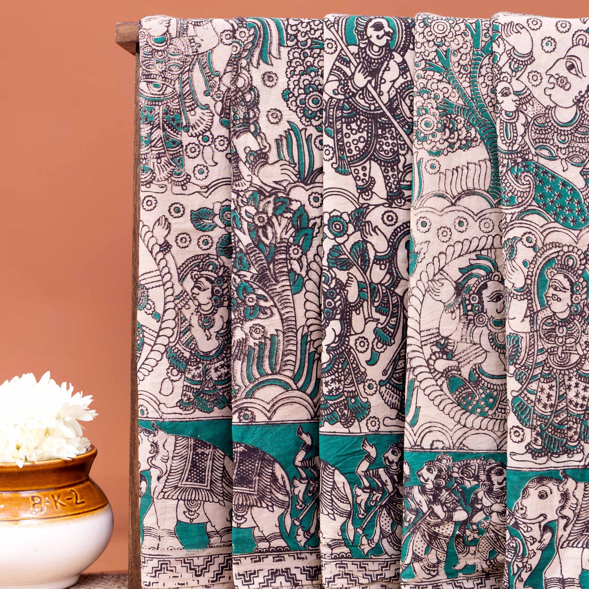 Traditional Hand-painted Kalamkari Cotton Saree with Traditional Elephant and Folk Art Motifs - Cream