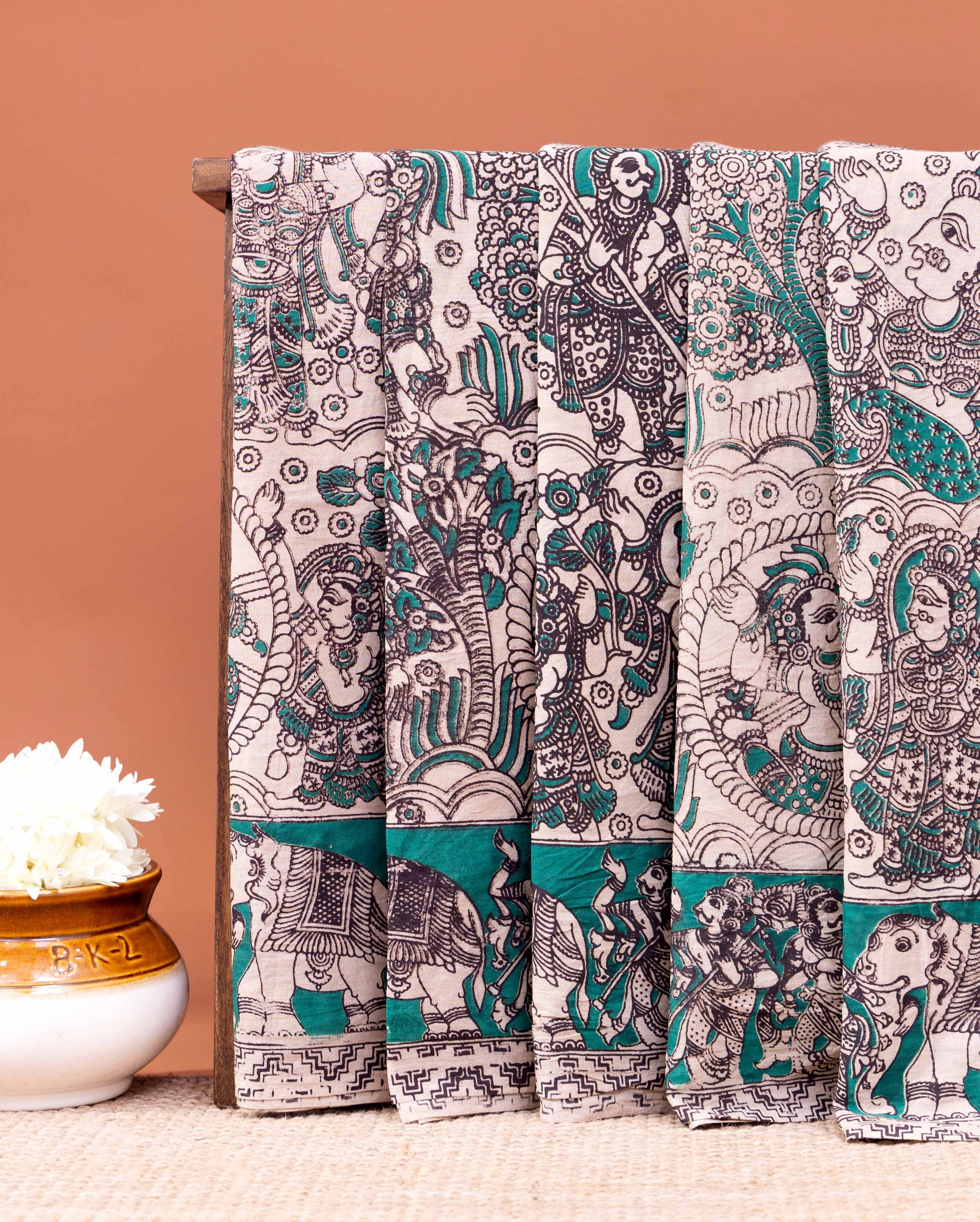 Traditional Hand-painted Kalamkari Cotton Saree with Traditional Elephant and Folk Art Motifs - Cream