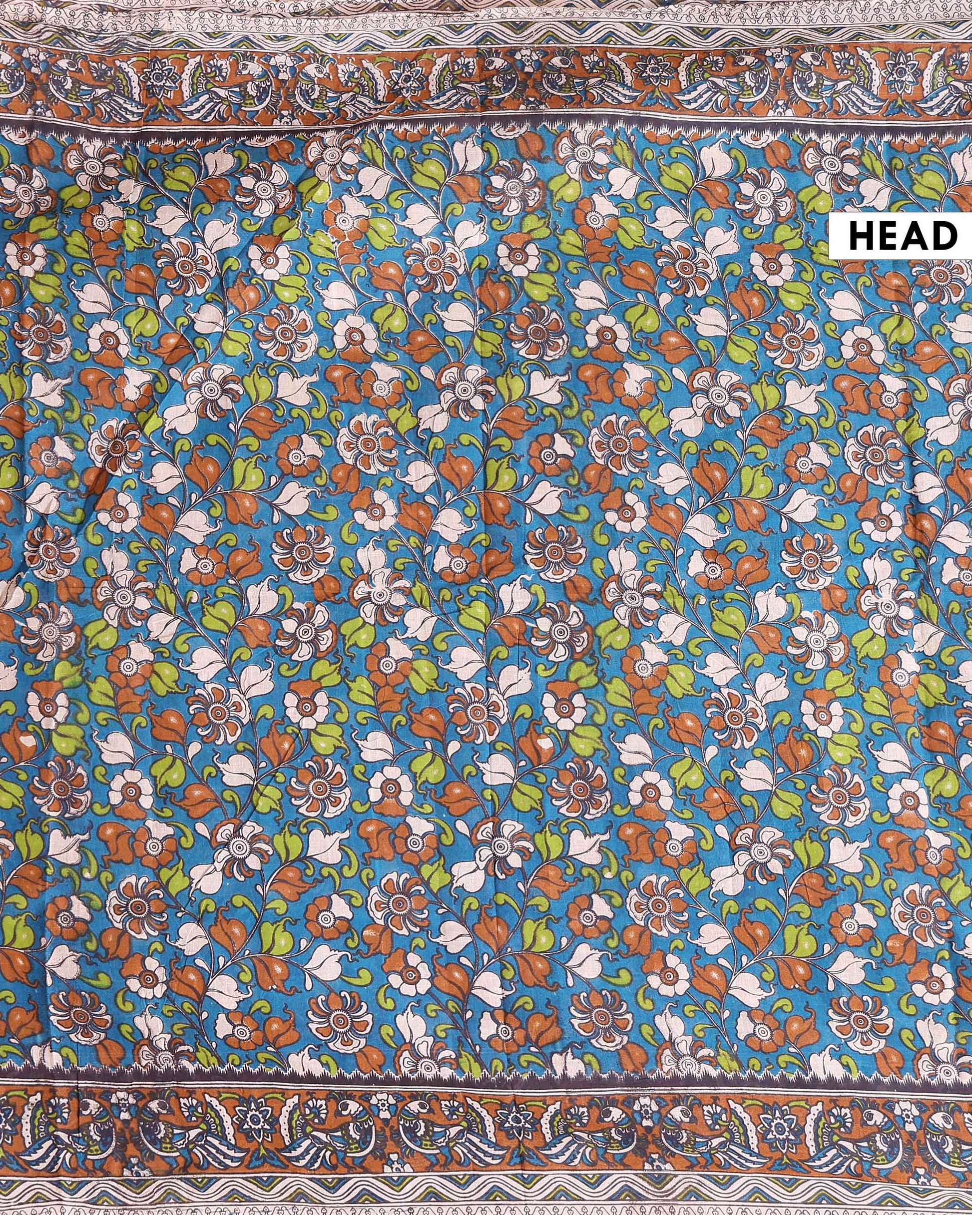 Traditional Hand-painted Kalamkari Cotton Saree with Traditional Floral Motifs - Teal