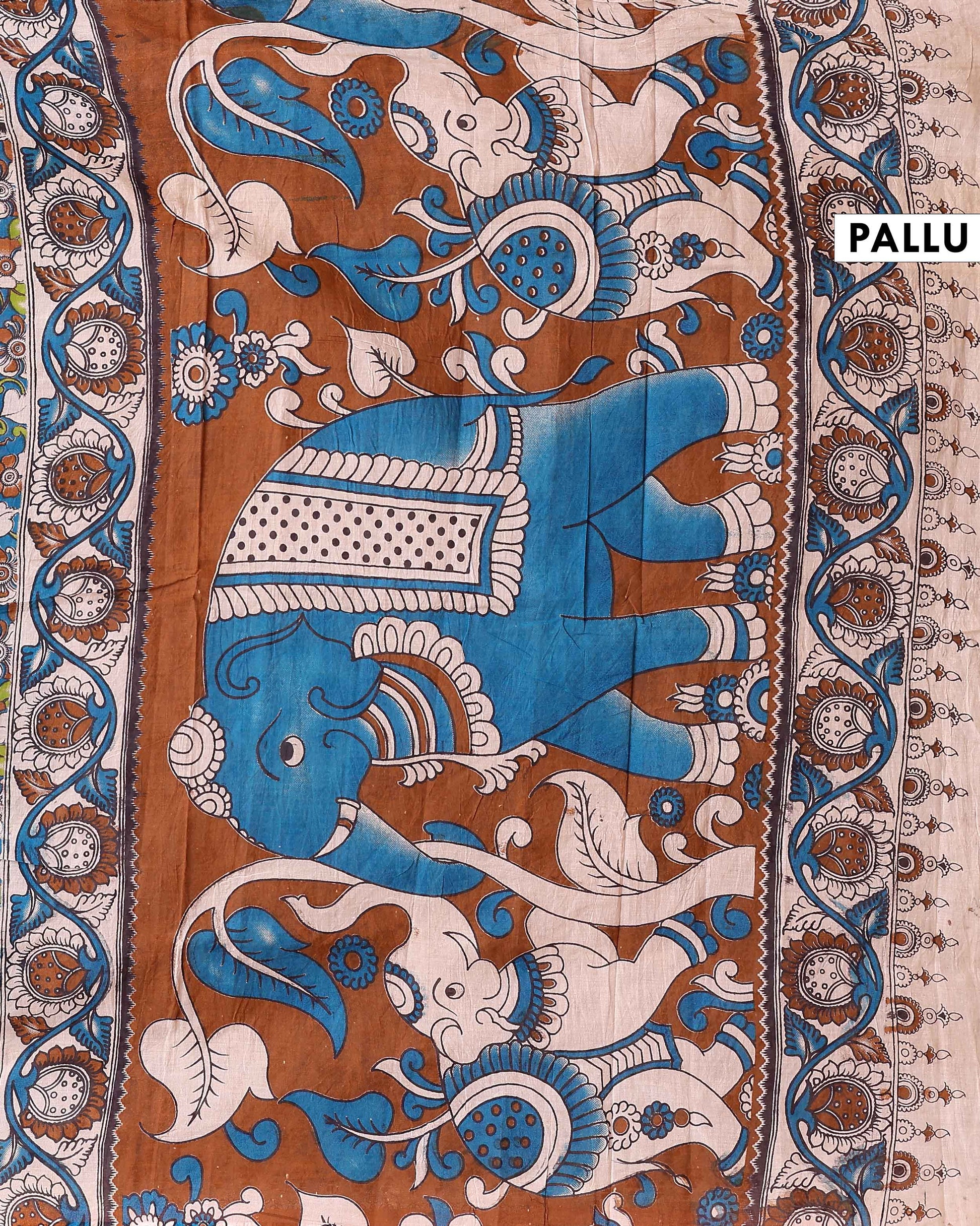 Traditional Hand-painted Kalamkari Cotton Saree with Traditional Floral Motifs - Teal
