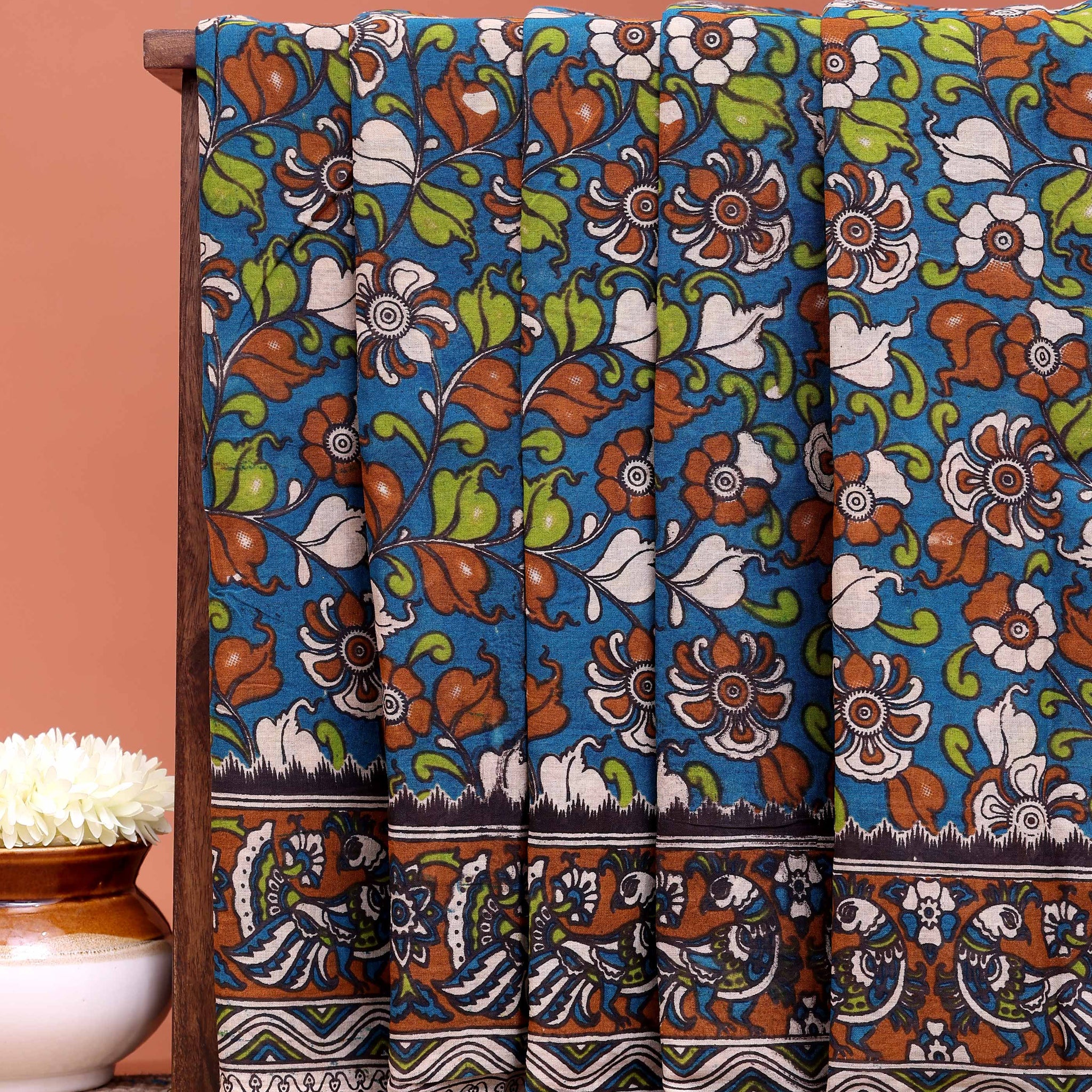 Traditional Hand-painted Kalamkari Cotton Saree with Traditional Floral Motifs - Teal