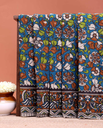 Traditional Hand-painted Kalamkari Cotton Saree with Traditional Floral Motifs - Teal