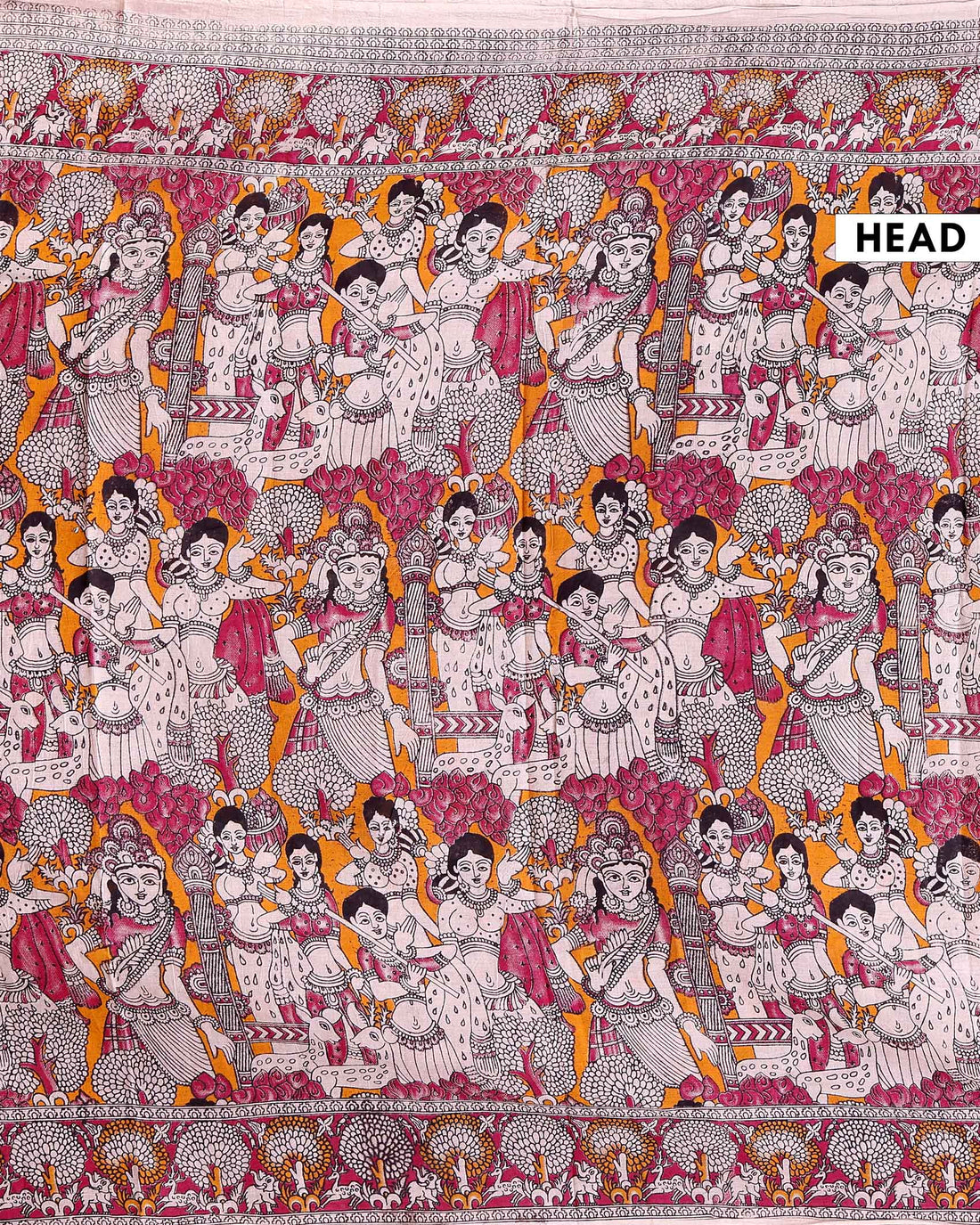 Traditional Hand-painted Kalamkari Cotton Saree with Traditional Narrative Motifs - Orange