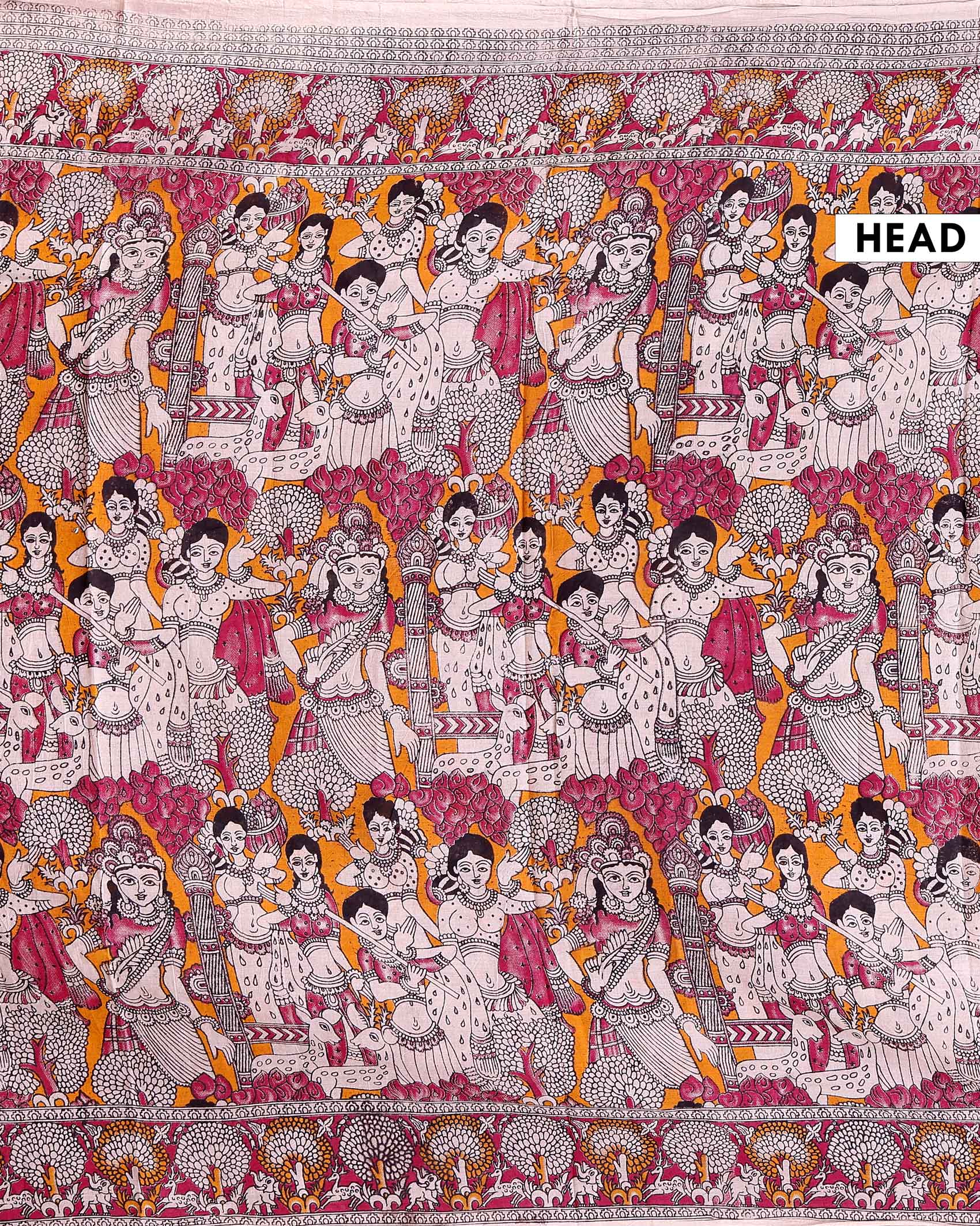 Traditional Hand-painted Kalamkari Cotton Saree with Traditional Narrative Motifs - Orange