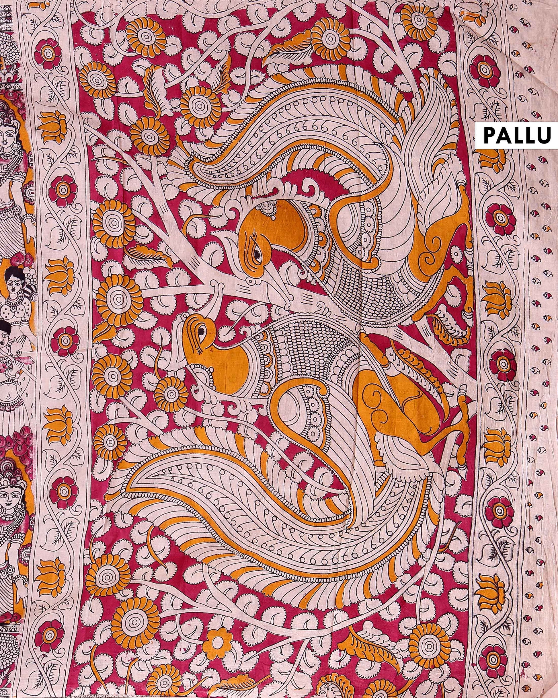 Traditional Hand-painted Kalamkari Cotton Saree with Traditional Narrative Motifs - Orange