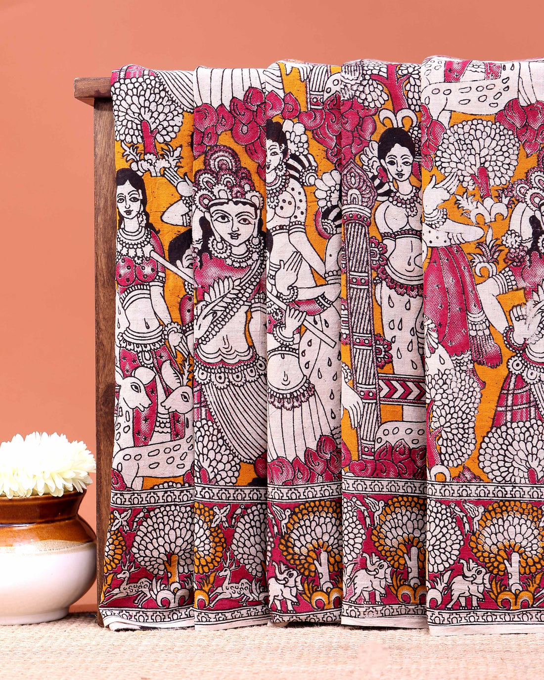 Traditional Hand-painted Kalamkari Cotton Saree with Traditional Narrative Motifs - Orange