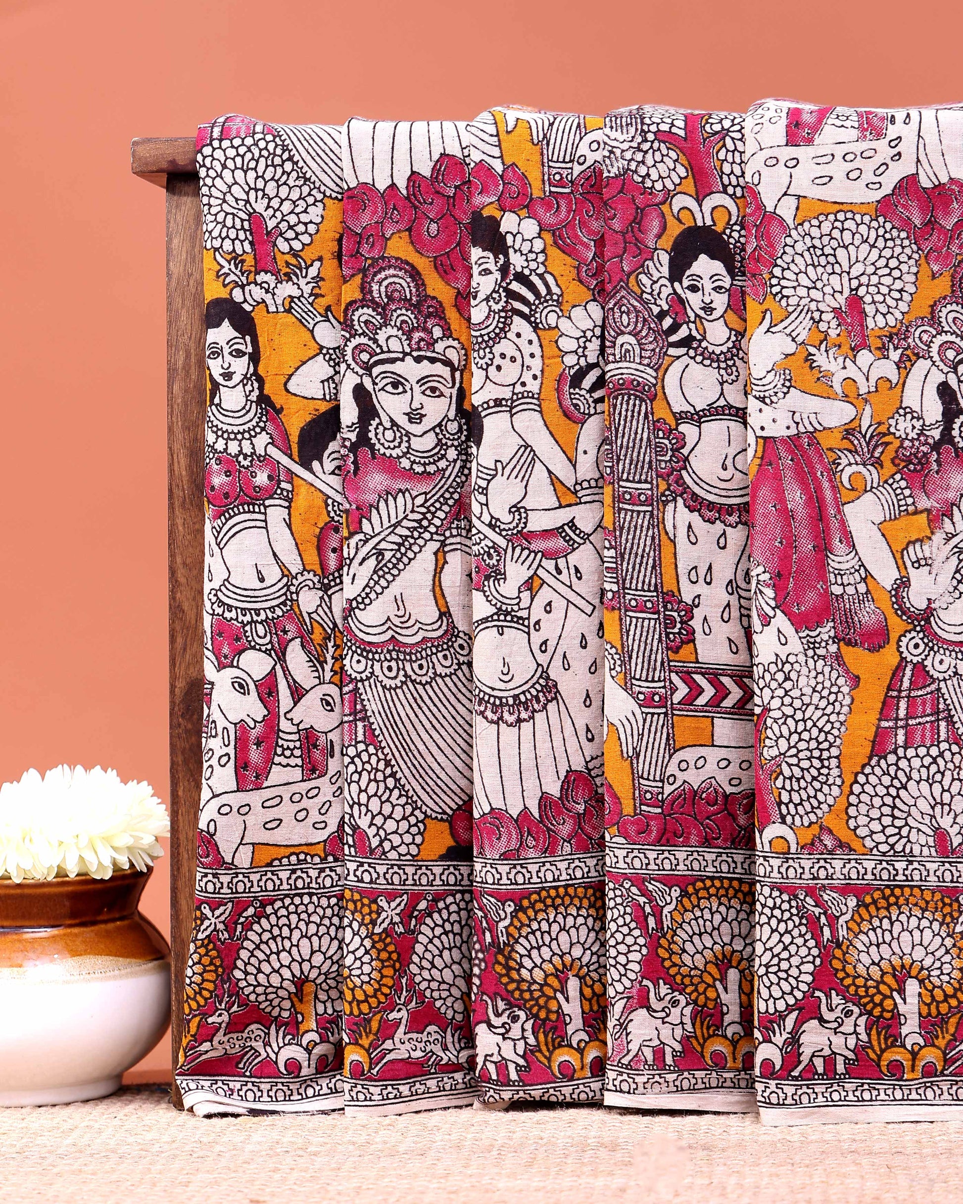 Traditional Hand-painted Kalamkari Cotton Saree with Traditional Narrative Motifs - Orange