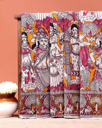 Traditional Hand-painted Kalamkari Cotton Saree with Traditional Narrative Motifs - Orange