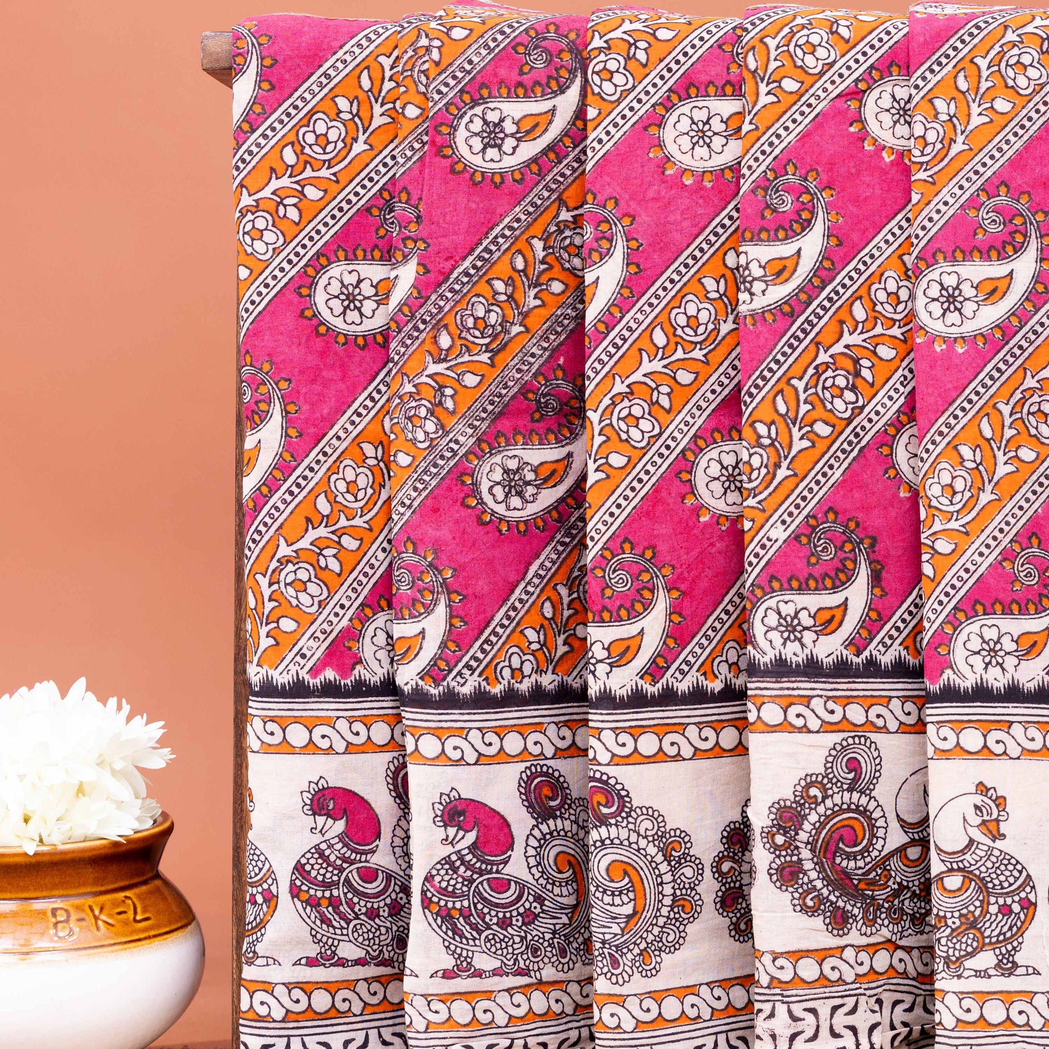 Traditional Hand-painted Kalamkari Cotton Saree with Traditional Peacock and Paisley Motifs - Pink