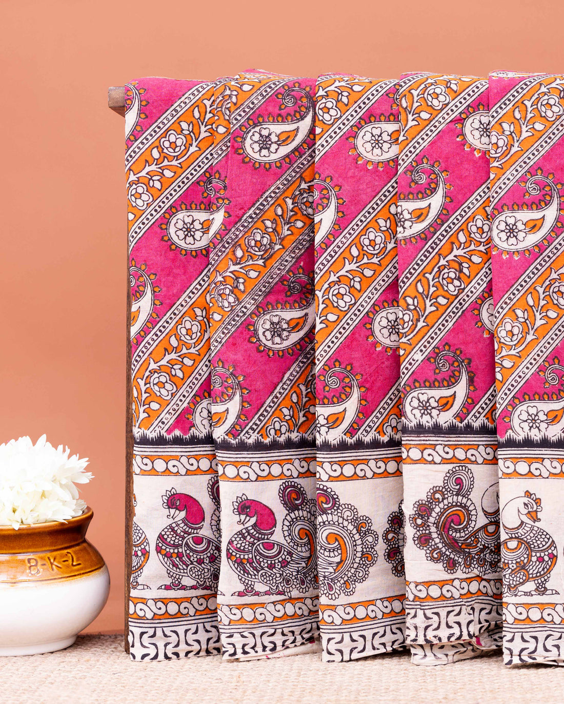 Traditional Hand-painted Kalamkari Cotton Saree with Traditional Peacock and Paisley Motifs - Pink