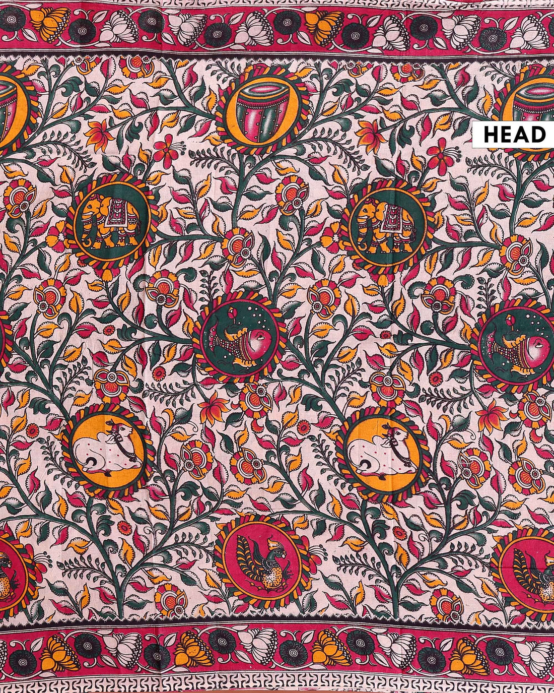 Traditional Hand-painted Kalamkari Cotton Saree with traditional peacock and floral motifs - Cream