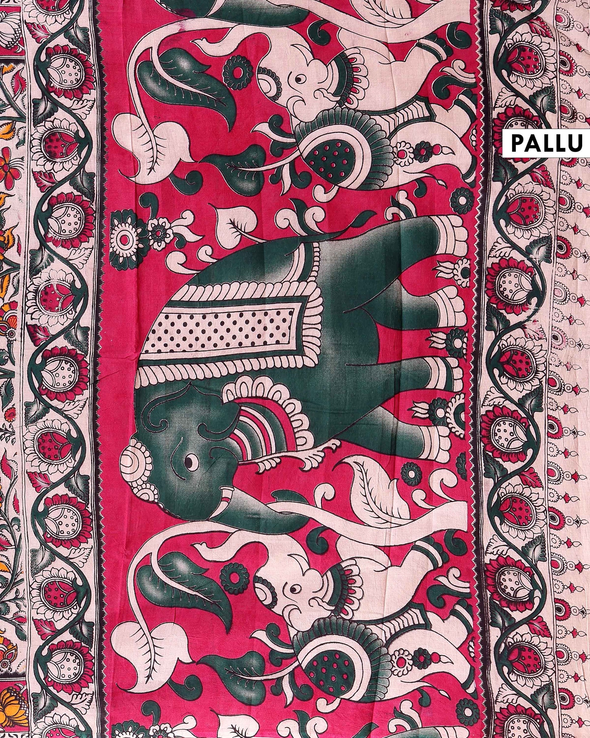 Traditional Hand-painted Kalamkari Cotton Saree with traditional peacock and floral motifs - Cream