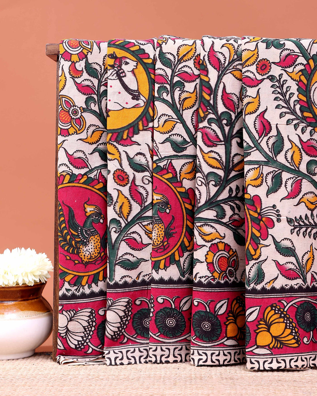 Traditional Hand-painted Kalamkari Cotton Saree with traditional peacock and floral motifs - Cream