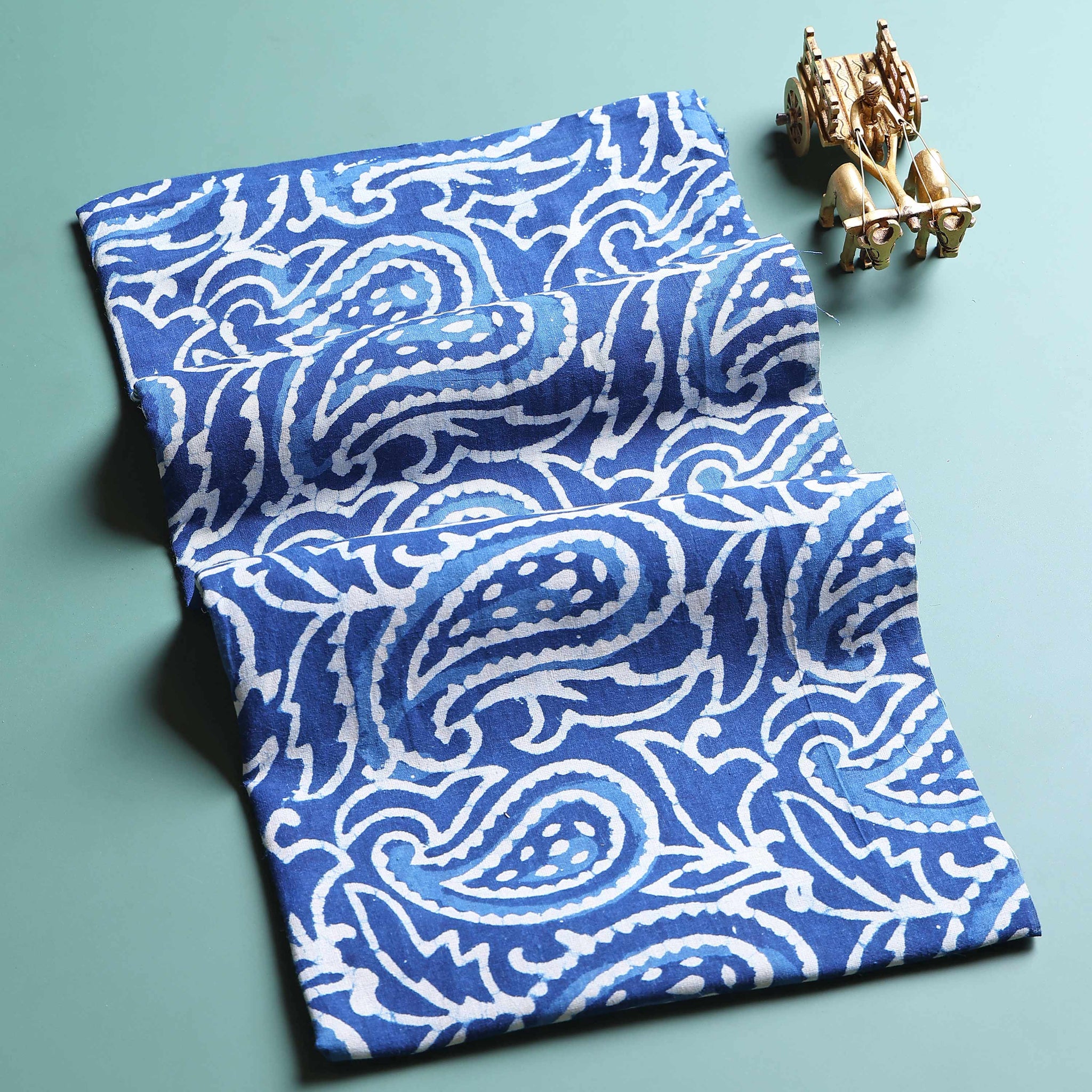 Traditional Hand Block Paisley Print Unstitched Blouse Material - Blue