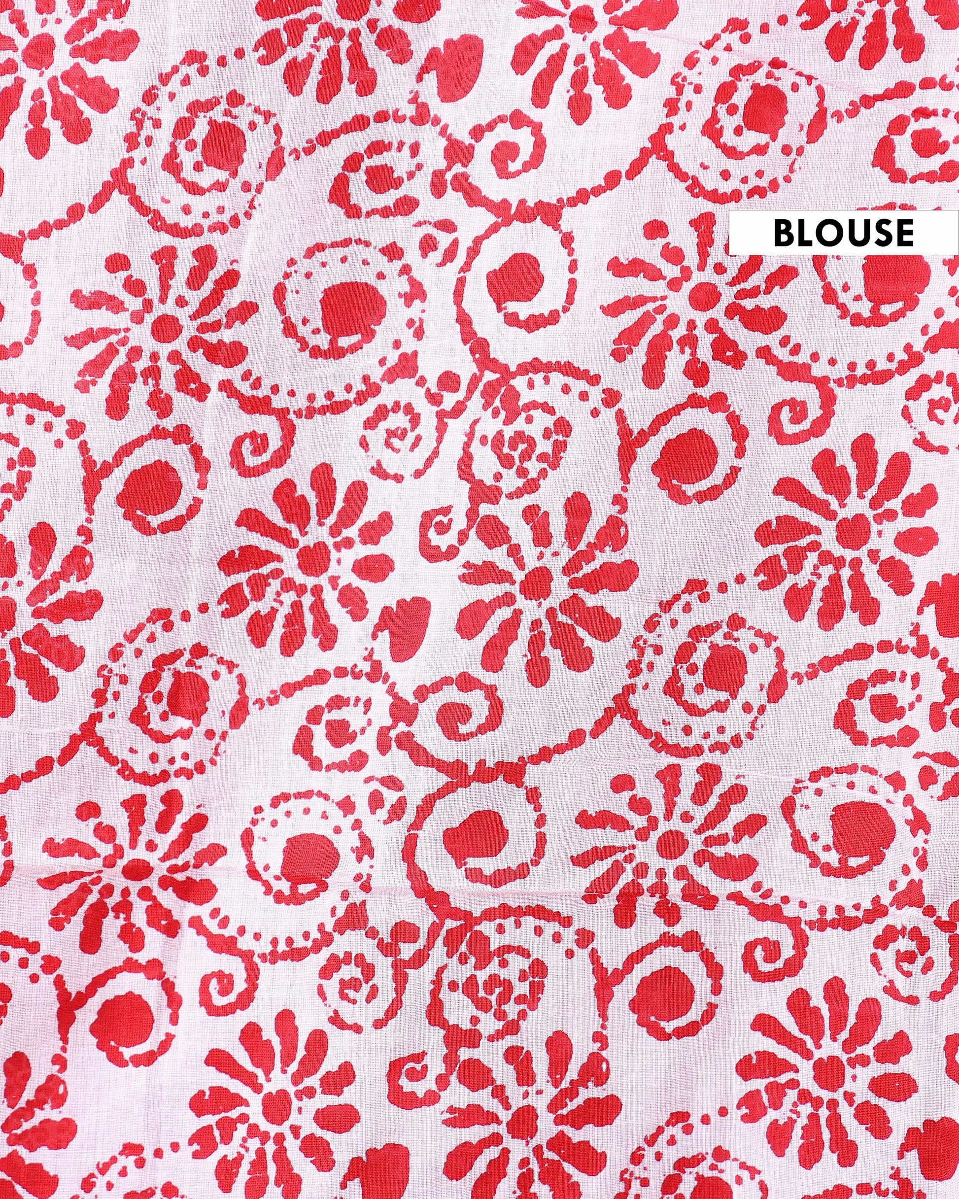 Traditional Hand Block Print Mulmul Saree with Geometric Border - Blouse